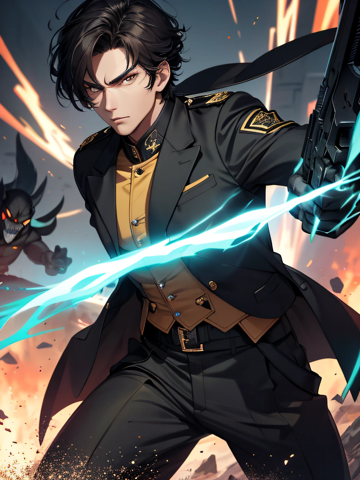 （absurderes，A high resolution，ultra - detailed），Soldiers in dark uniforms and rifles，mature，Handsome，Tall muscular man，a broad shouldered，brown  hair，Yellow eyes，green uniform，Fine eyes and detailed face， tmasterpiece， Best quality at best， 1boy， （Hold a gun in hand）， Two shots， intricate gun， 独奏， Handsome， short detailed hair， T 恤， black black jacket， Black pantsuit， The upper part of the body，danger atmosphere，ruined background，Complex background（Warhammer fantasy theme：1.1）