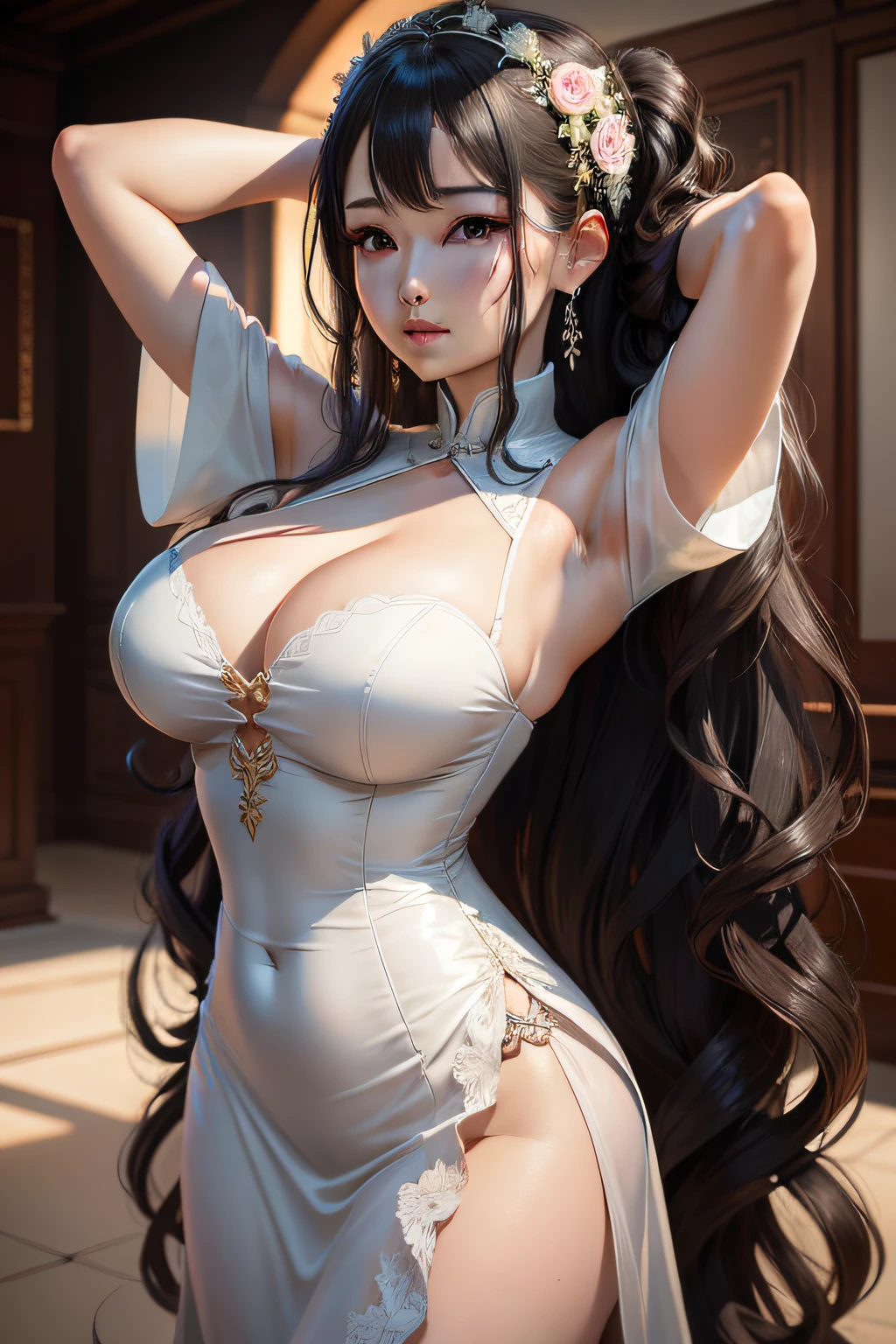 masterpiece, best quality, masterpiece,best quality,official art,extremely detailed CG unity 8k wallpaper, wedding dress:china dress:0.3, arms behind head, partially unbuttoned, mature female, long hair, black hair, black eyes, large breasts, breasts out,