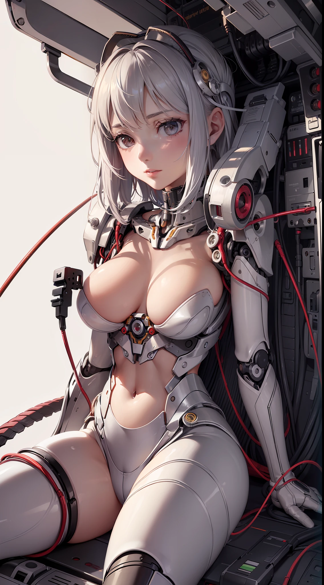 (((Masterpiece))), ((((Best quality)))), (((Ultra-detailed))), (CG illustration), ((Extremely delicate and beautiful)),(Cute and delicate face),Cinematic light,((1 mechanical girl)),Solo,full bodyesbian,(machine made joints:1.4),((Mechanical limb)),(Blood vessel attached to tube),((The mechanical vertebrae are attached to the back)), ((A mechanical cervical vertebrae attached to the neck)),((Seated)),face expressionless,(Wires and cables attached to the head and body:1.5),(Character focus),sci-fy,Large breasts,looks into camera
