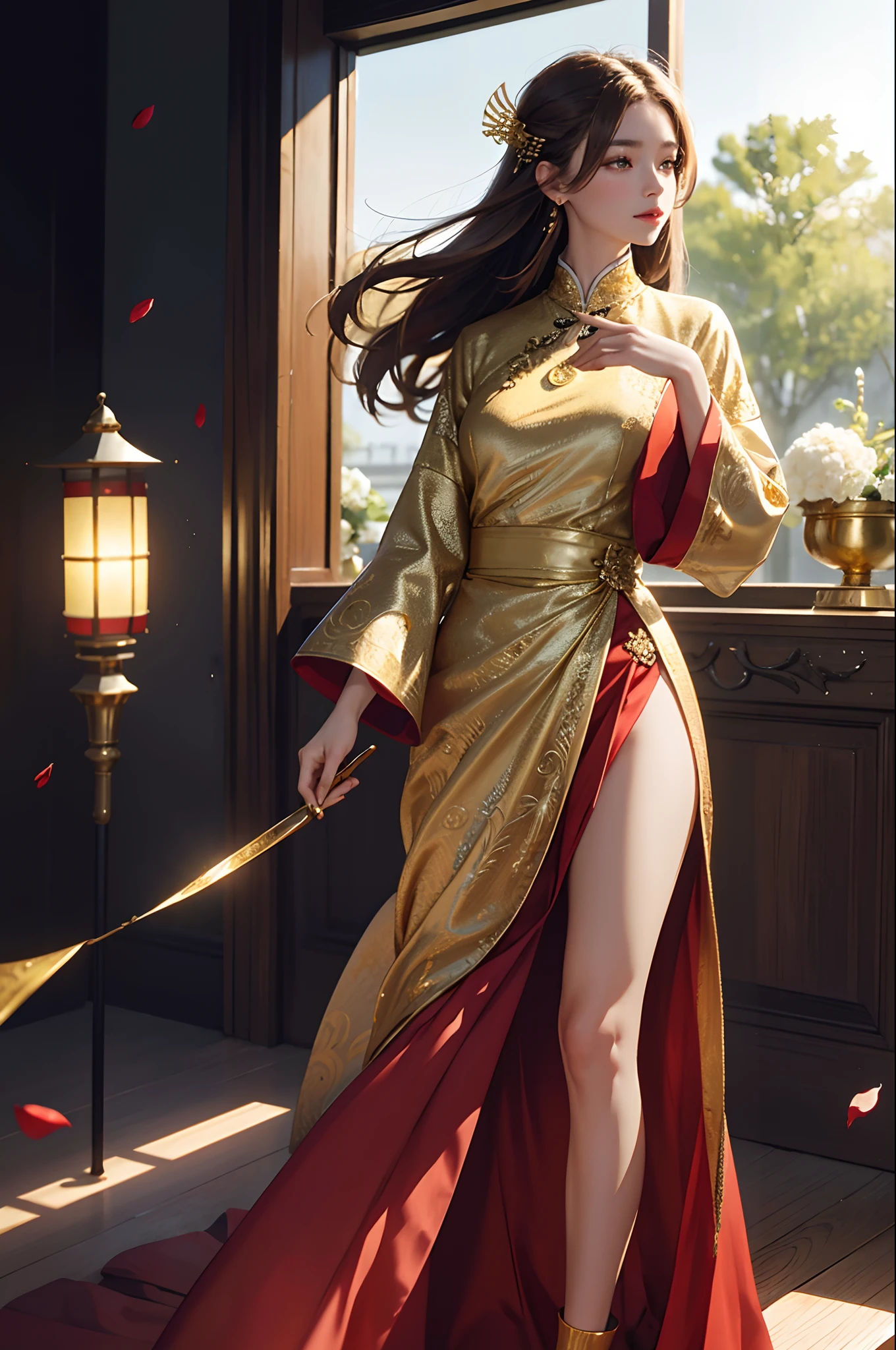 best quality, masterpiece, highres, (exquisite body:1.5),gorgeous face,(milky skin:1.3),intricate details,high resolution,wallpaper,
1girl, solo, dress, hair ornament, (((gold and red dress))), flowers, long hair, brown hair, closed mouth, jewelry, long sleeves, hand up, wide sleeves, big eyes,floating hair, chinese clothes, hanfu, embroidery, long skirt, natural pose, falling petals, indoor,fanning, lantern,
16K,HDR,highres,depth field,(film grain:1.1),boken,golden hour,(lens flare),vignette,rainbowing,(color grading:1.5)