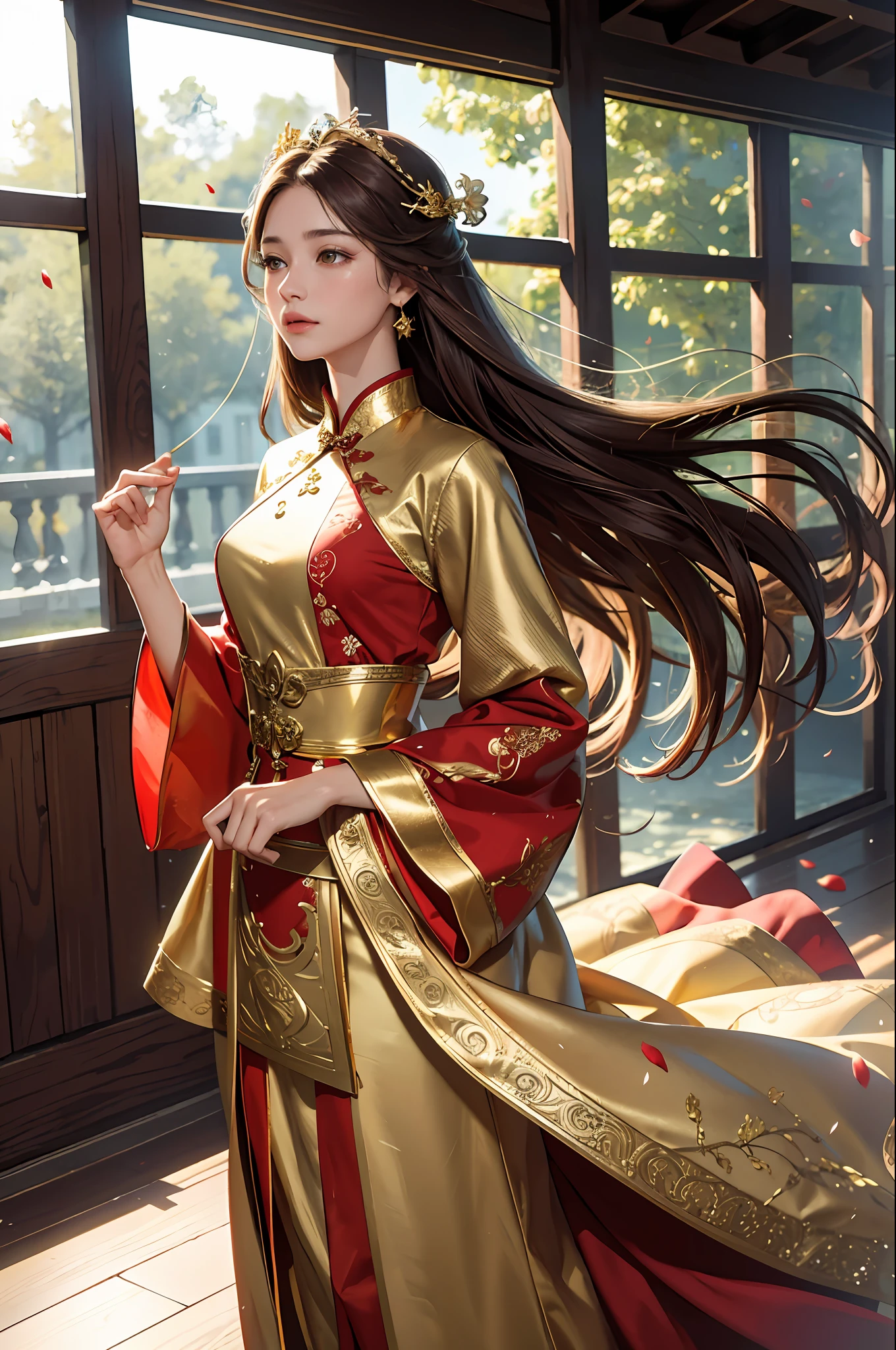 best quality, masterpiece, highres, (exquisite body:1.5),gorgeous face,(milky skin:1.3),intricate details,high resolution,wallpaper,
1girl, solo, dress, hair ornament, (((gold and red dress))), flowers, long hair, brown hair, closed mouth, jewelry, long sleeves, hand up, wide sleeves, big eyes,floating hair, chinese clothes, hanfu, embroidery, long skirt, natural pose, falling petals, indoor,fanning, lantern,
16K,HDR,highres,depth field,(film grain:1.1),boken,golden hour,(lens flare),vignette,rainbowing,(color grading:1.5)