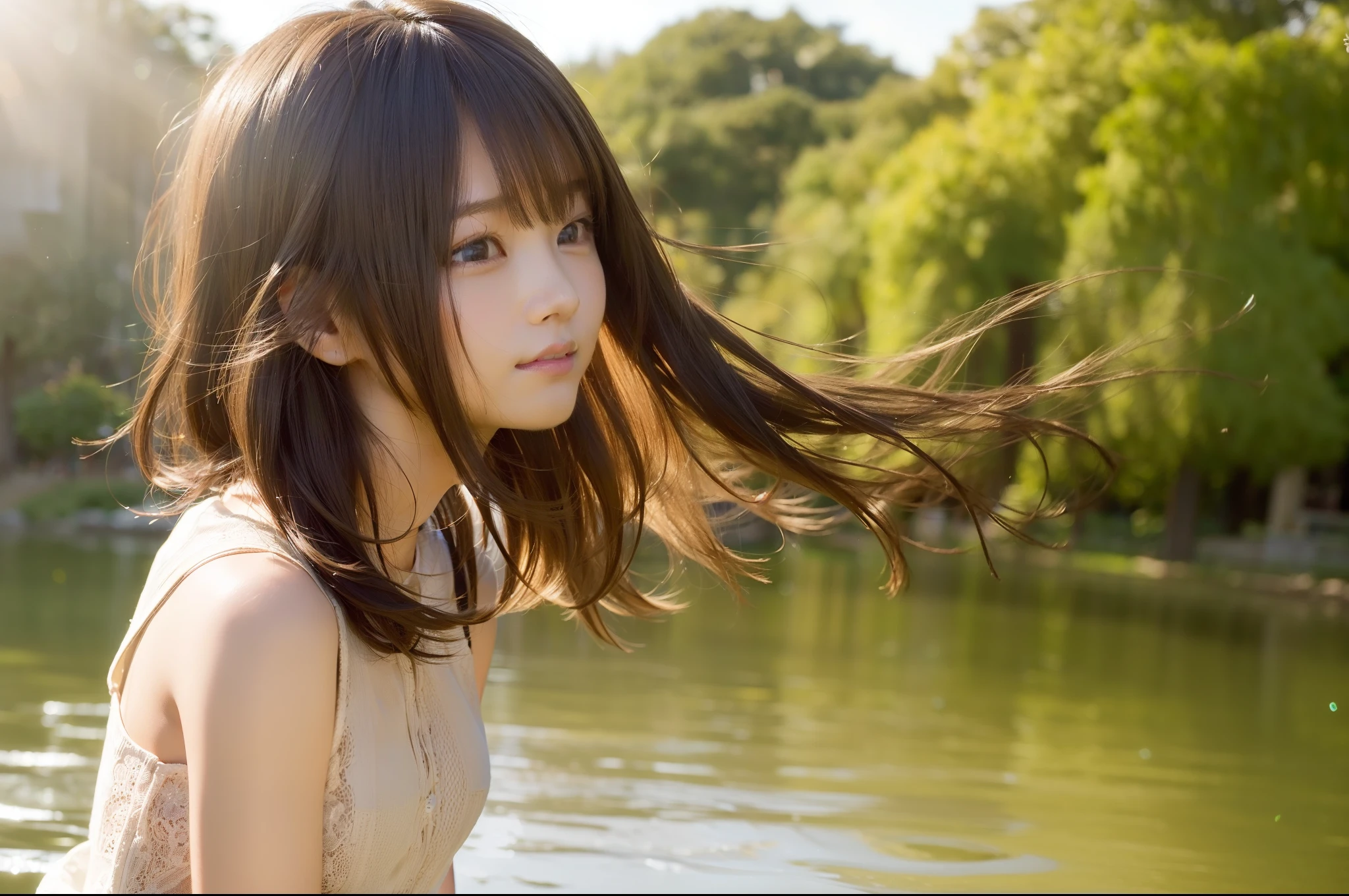 (((((fully body photo))))))、((((Backlight of the morning sun))))、(((((dark beige hair)))))、(((((Hair fluttering in the wind)))))、((lensflare))、((Wear sober clothes))、A big smile、((((profile))))、(((Facing up)))、(((Stand in the center of the lake)))、((Beautiful ripples))、((The soft morning sun is shining on it))、​masterpiece、top-quality、Raw foto、Photorealsitic, beautiful a girl, cute little, shorth hair, (((depth of fields))), hight resolution, ultra-detailliert, finely detail, ighly detailed,、Cinematic lighting、Hair Models