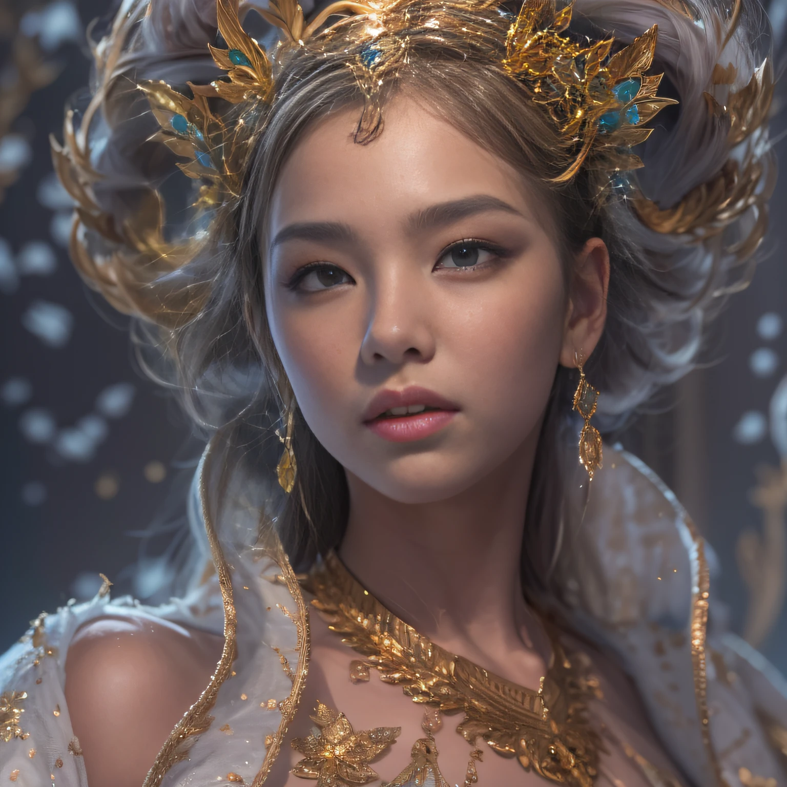16k(tmasterpiece,k hd,hyper HD,16k)short detailed hair,Gold jewelry area in the back room,Female king size bed ,Silver Dragon Protector (realisticlying:1.4),Python pattern robe,Purple-pink tiara,Snowflakes fluttering,The background is pure,Hold your head high,Be proud,The nostrils look at people, A high resolution, the detail, RAW photogr, Sharp Re, Nikon D850 Film Stock Photo by Jefferies Lee 4 Kodak Portra 400 Camera F1.6 shots, Rich colors, ultra-realistic vivid textures, Dramatic lighting, Unreal Engine Art Station Trend, cinestir 800,Hold your head high,Be proud,The nostrils look at people
