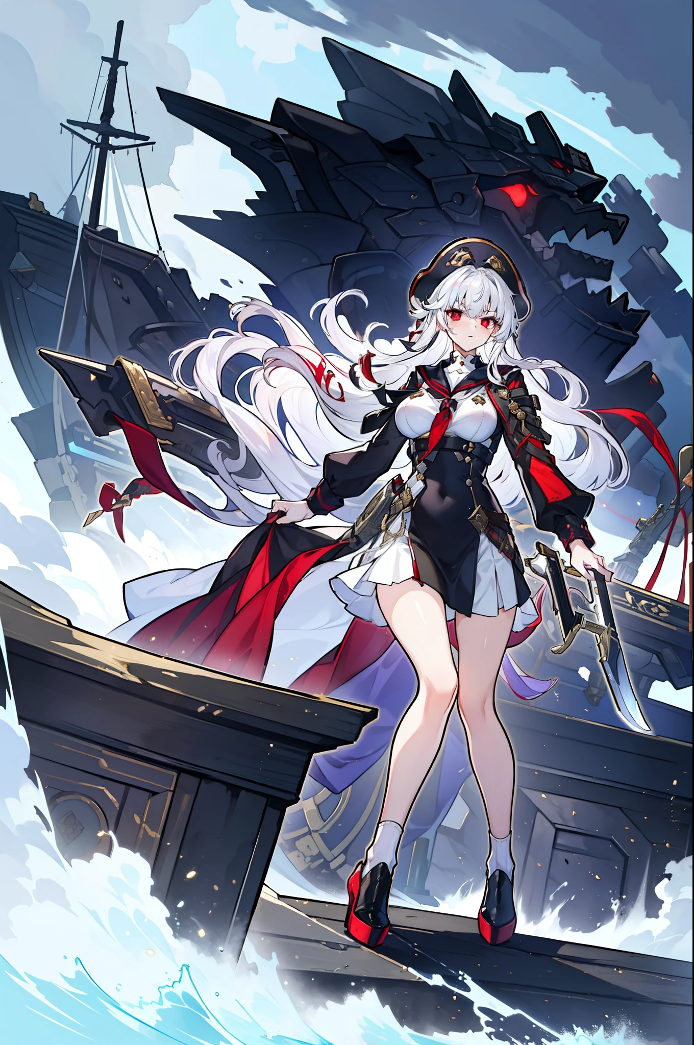 (masterpiece), best quality, expressive eyes, perfect face, 1girl, solo, medium height, young adult, young woman, big boobs, (long hair, white hair, side locks, bangs, wavy hair), (red eyes, death glare, serious, menacing, leadership aura, glowing eye), old timey sailor outfit, black sailor outfit, dark dress, long sleeves, white long sleeves, captain, strong young woman, medium height, heels, skirt, fighter, guard, (gunblade, gunsword, knife attached to gun, pistol with a blade, gun with blade attached), human, sailor hat, sailor cap, dark trims, (black cape, red underside of cape, accesories, slightly pirate style, medieval, 19th century, sailor uniform, vintage styled outfits