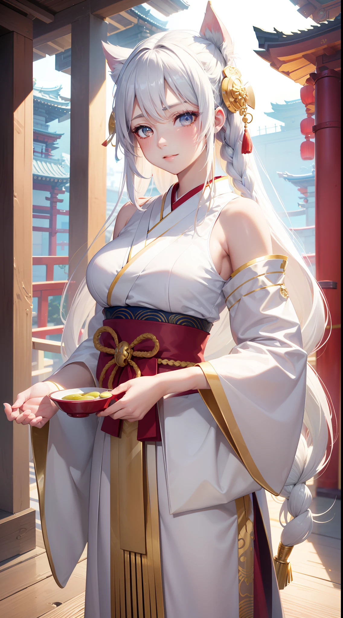 dabong, masterpiece, best quality, avatar, (upper chest, close), ultra detailed, 1girl, long hair, white hair, shiny hair, braided hair, ((golden lime eyes, glow effect)), (beautiful detailed eyes:1.2), white hakama, [blush, smile], ((japanese temple)), standing, looking at viewer, [sketch], vibrant, vivid, high saturation, [cinematic lighting, light leaks], beautiful intricate details, artfully rendered, trending on artstation, pixiv, illustration, (pastel color:1.3), limited palette, colorful, narrow waist, wide hips, large breasts, Art by yuumei, art by Wenqing Yan