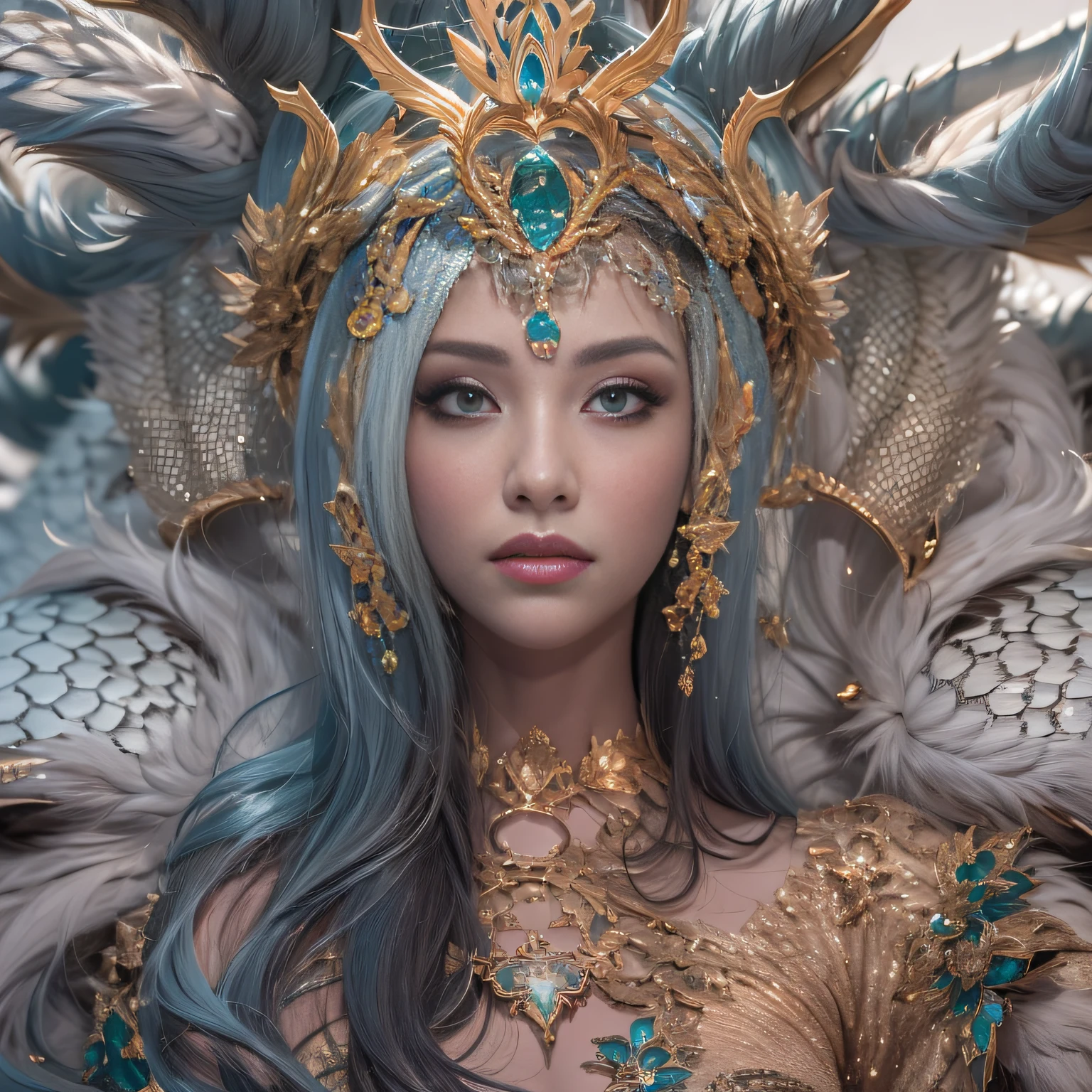 16k(tmasterpiece,k hd,hyper HD,16k)short detailed hair,Gold jewelry area in the back room,Female king ,Silver Dragon Protector (realisticlying:1.4),Python pattern robe,Purple-pink tiara,Snowflakes fluttering,The background is pure,Hold your head high,Be proud,The nostrils look at people, A high resolution, the detail, RAW photogr, Sharp Re, Nikon D850 Film Stock Photo by Jefferies Lee 4 Kodak Portra 400 Camera F1.6 shots, Rich colors, ultra-realistic vivid textures, Dramatic lighting, Unreal Engine Art Station Trend, cinestir 800,Hold your head high,Be proud,The nostrils look at people