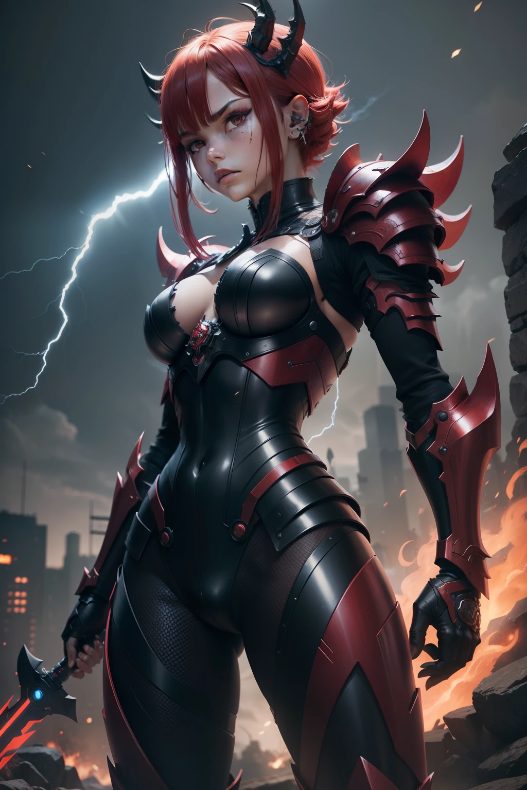 Demon Slayer, super cool demon killer, wearing super detailed mechanical creature armor, red and blue armor, red lightning, playing lightning, super detail, IP by pop mart, edge light, avatar, octane rendering, blender, full body, clean black background, 3d, c4d, best quality, very detailed, 8K, best quality, super high resolution, detailed face