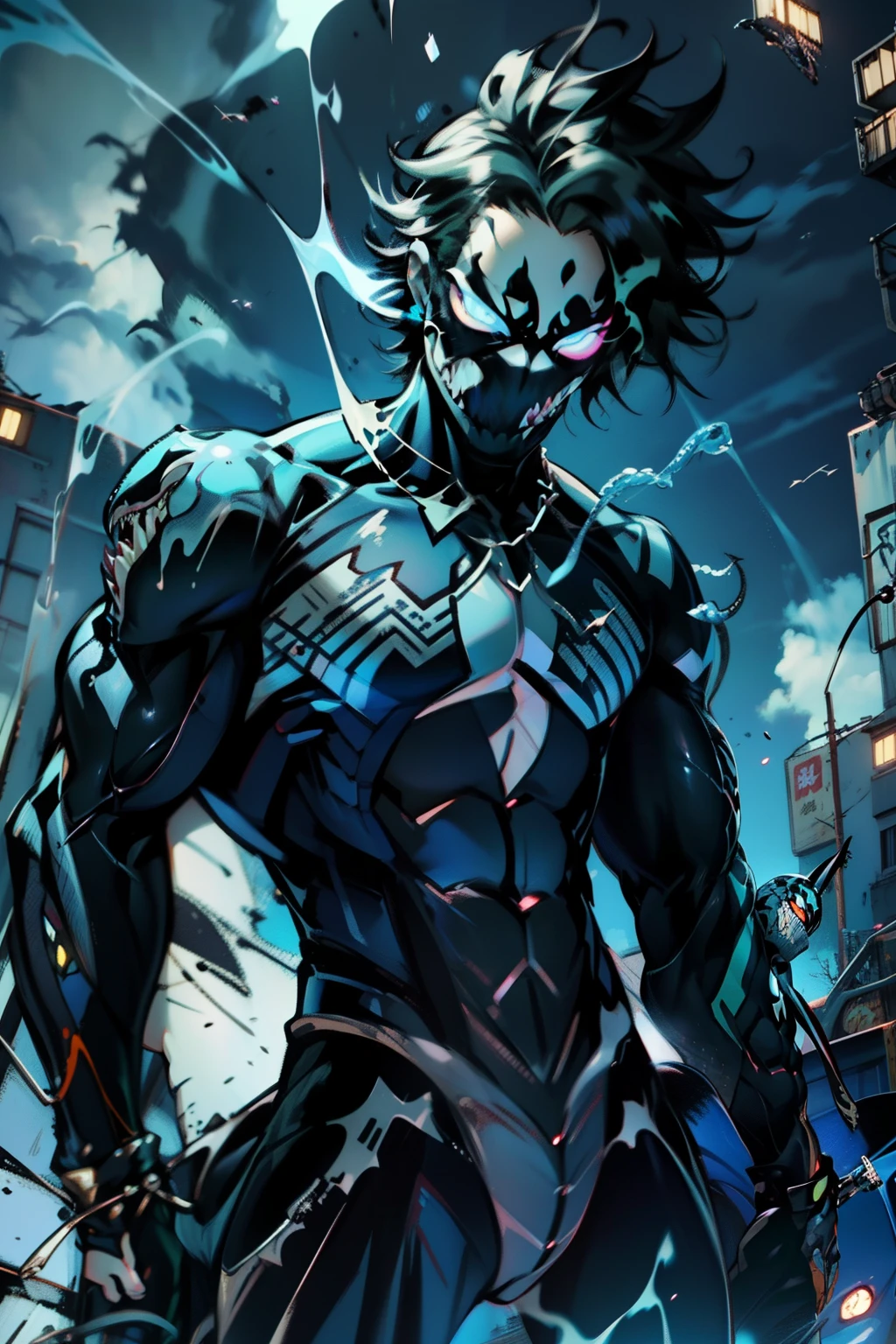 《the original god》Arataki Kazuto , male people, chest muscle, Sexy , Venom symbiote for your body, Black mucus of the body , into venom, venomize,Black bodysuit,(Cloak),Red cape,Abs,(Adult male)((Venom possession,venom symbiote)),over-Tortoise Man,Battle damage,((Masterpiece)), ((Best quality)), Ultra detailed,((illustration)), Dynamic Angle, Detailed light, (Delicate eyes), Floating, 1boy, Male focus, Head, Clothing, Yellow eyes, necklace, tattoo, (Forehead:0.8), (ahoge:0.8), jewelry, brunette color hair,apathy,Ray, chest muscle, Sexy , Venom symbiote for your body, Black mucus of the body , (into venom), Venom,frontage,Bust photo,White tight-fitting top,spiderman outfit,style of anime4 K, 4K anime wallpaper, Badass anime 8 K, 4 k comic wallpaper, young anime man, Anime boys, Anime wallpapers 4 k, Anime wallpaper 4K, High quality anime art style, Anime moe art style, Anime art wallpaper 8 K, Anime art wallpaper 4 K, RGB lighting,