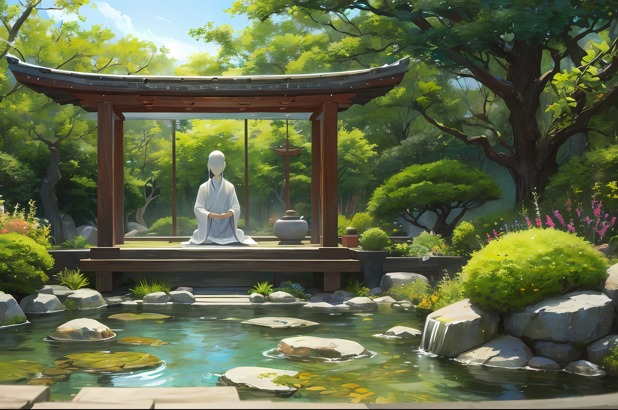 Silence and meditation in a Zen garden: A figure quietly sitting in a Zen garden、Depict as a scene that shows the harmony of nature with the meditation of the masterpiece。With high-quality fine details and a tranquil atmosphere、Expresses the spirit of Zen and the charm of the garden。