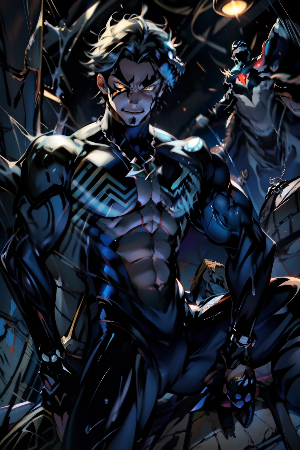 《the original god》Arataki Kazuto , male people, chest muscle, Sexy , Venom symbiote for your body, Black mucus of the body , into venom, venomize,Black bodysuit,(Cloak),Red cape,Abs,(Adult male)((Venom possession,venom symbiote)),over-Tortoise Man,Battle damage,((Masterpiece)), ((Best quality)), Ultra detailed,((illustration)), Dynamic Angle, Detailed light, (Delicate eyes), Floating, 1boy, Male focus, Head, Clothing, Yellow eyes, necklace, tattoo, (Forehead:0.8), (ahoge:0.8), jewelry, brunette color hair,apathy,Ray, chest muscle, Sexy , Venom symbiote for your body, Black mucus of the body , (into venom), Venom,frontage,Bust photo,White tight-fitting top,spiderman outfit,style of anime4 K, 4K anime wallpaper, Badass anime 8 K, 4 k comic wallpaper, young anime man, Anime boys, Anime wallpapers 4 k, Anime wallpaper 4K, High quality anime art style, Anime moe art style, Anime art wallpaper 8 K, Anime art wallpaper 4 K, RGB lighting,