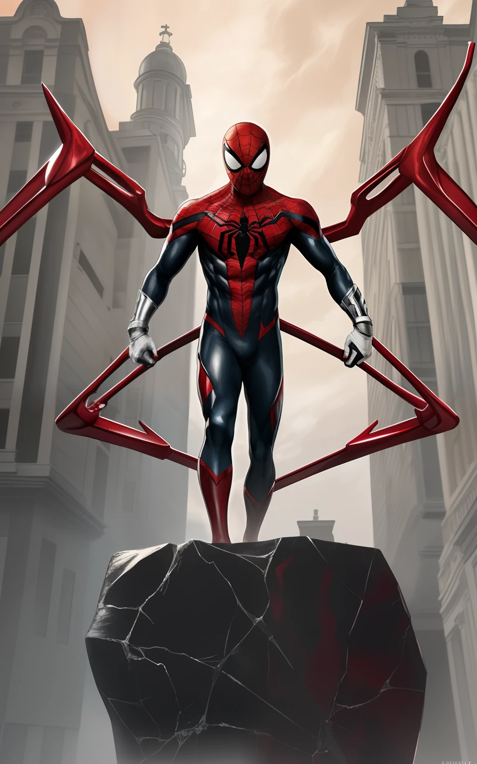 (((full body of male supspr))), (((four red metal legs))), (((silver bracelets))), (((sharp fingers))), a spider - man in a red and black suit sitting on the edge of the building, 8k, unreal engine, octane render, by seunghee lee, Jang Tae-Hwan, Chocofing R, seungho lee, trending on pixiv, fanbox, skeb, masterpiece, smooth soft skin, big dreamy eyes, beautiful intricate colored hair, symmetrical, anime wide eyes, soft lighting, concept art, digital painting, move face,