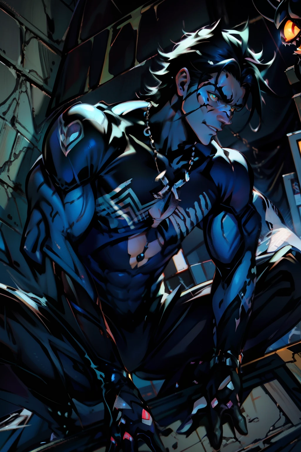 《the original god》Arataki Kazuto , male people， chest muscle， Sexy , Venom symbiote for your body, Black mucus of the body , into venom, venomize，Black bodysuit，（Cloak），Red cape，Abs，（Adult male）（（Venom possession，venom symbiote）），over-Tortoise Man，Battle damage，((Masterpiece)), ((Best quality)), Ultra detailed,((illustration)), Dynamic Angle, Detailed light, (Delicate eyes), Floating, 1boy, Male focus, Head, Clothing, Yellow eyes, necklace, tattoo, (Forehead:0.8), (ahoge:0.8), jewelry, brunette color hair,apathy，Ray， chest muscle， Sexy , Venom symbiote for your body, Black mucus of the body , （into venom）, Venom，frontage，Bust photo，White tight-fitting top，spiderman outfit，style of anime4 K， 4K anime wallpaper， Badass anime 8 K， 4 k comic wallpaper， young anime man， Anime boys， Anime wallpapers 4 k， Anime wallpaper 4K， High quality anime art style， Anime moe art style， Anime art wallpaper 8 K， Anime art wallpaper 4 K， RGB lighting，