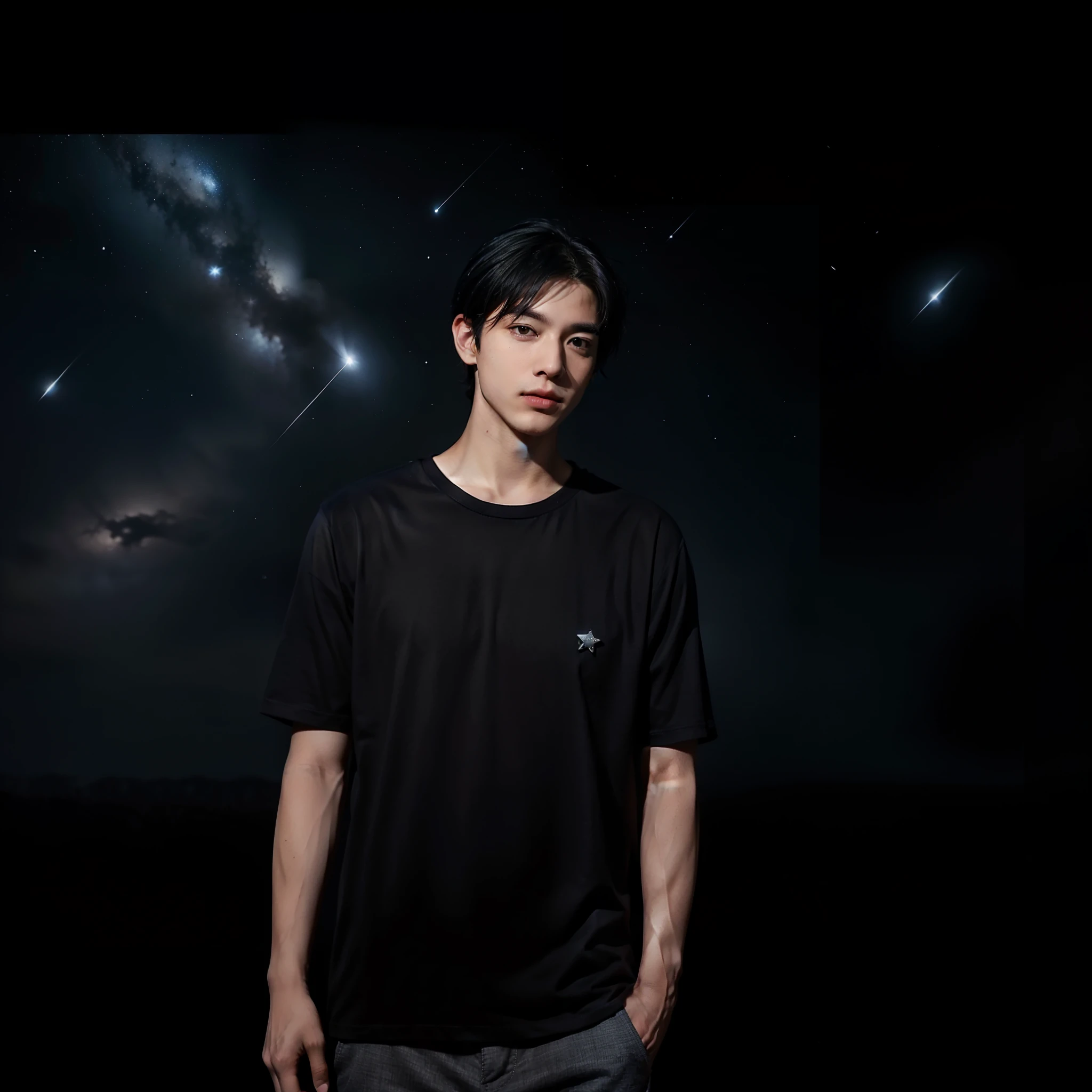 (Short black hair:1.2)、(Wear short sleeves:1.2)、(Good facial features:1.ung men:1.2),(dark night background:1.2)、(starrysky:1.1)、(The stars shine:1.2)。In this painting,A young man stands in the night。He has short black hair,Wear a simple short-sleeved shirt,Show youthful vitality。His facial features are very straightforward,It gives a feeling of being handsome and tall。The background is a dark night sky,Stars shine in the starry sky,It adds to the mystery and romance of the picture。The whole picture is full of mystery,One can't help but imagine the story of this young man