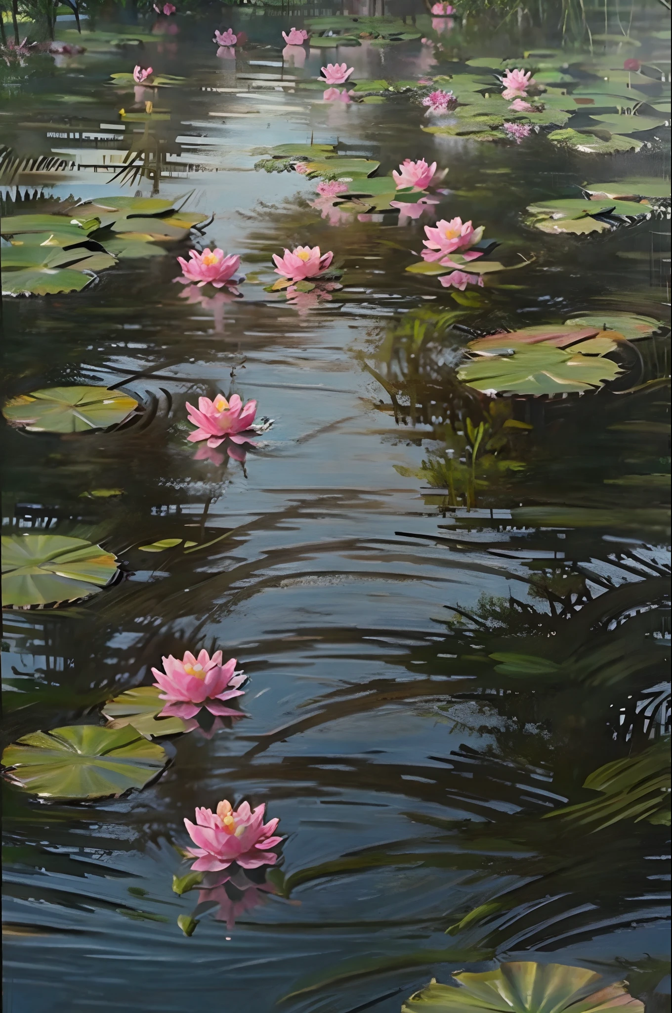 flower, Lily_pads, Lotus, Pink_flower, River, water, plant, scenery, still_life, Impresionismo