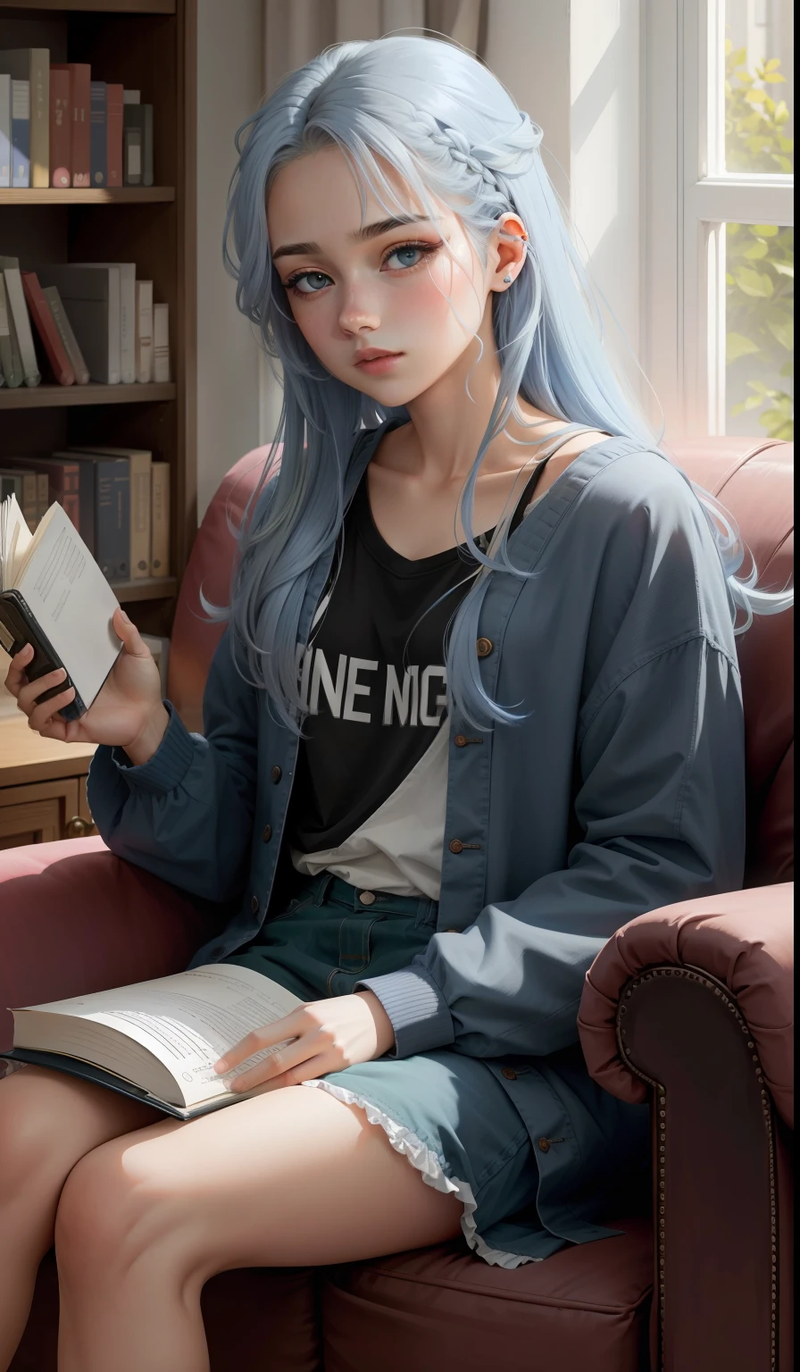 A 22-year-old sits on a sofa，holding a book in his hands，Her hair is blue