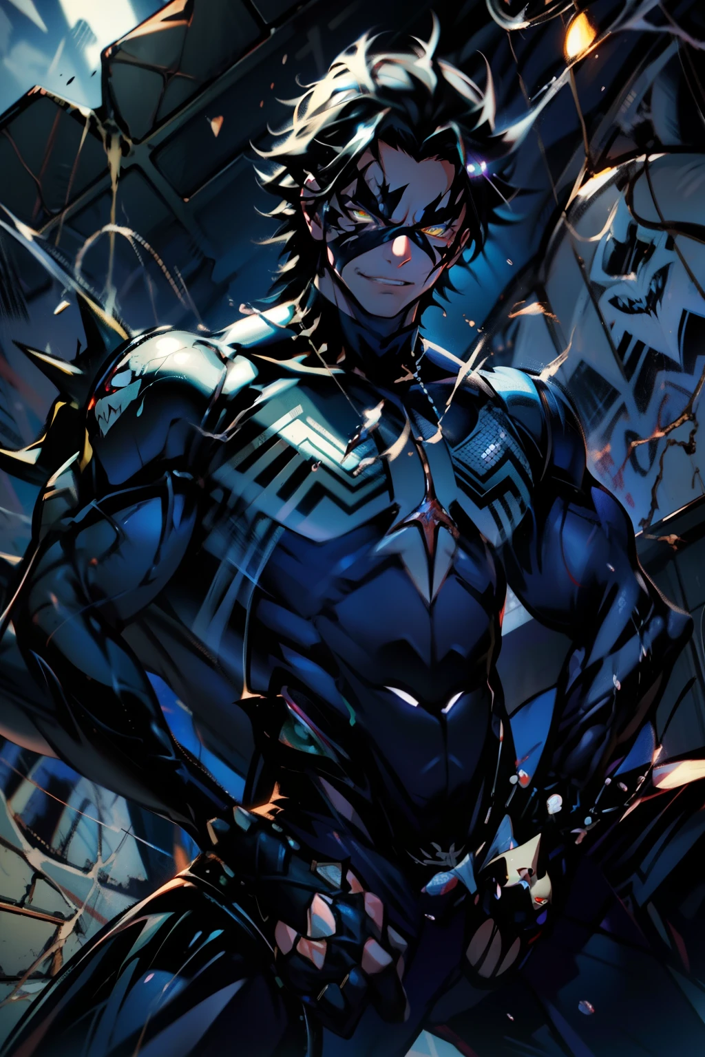 《the original god》Arataki Kazuto , male people, chest muscle, Sexy , Venom symbiote for your body, Black mucus of the body , into venom, venomize,Black bodysuit,(Cloak),Red cape,Abs,(Adult male)((Venom possession,venom symbiote)),over-Tortoise Man,Battle damage,((Masterpiece)), ((Best quality)), Ultra detailed,((illustration)), Dynamic Angle, Detailed light, (Delicate eyes), Floating, 1boy, Male focus, Head, Clothing, Yellow eyes, necklace, tattoo, (Forehead:0.8), (ahoge:0.8), jewelry, brunette color hair,apathy,Ray, chest muscle, Sexy , Venom symbiote for your body, Black mucus of the body , (into venom), Venom,frontage,Bust photo,White tight-fitting top,spiderman outfit,style of anime4 K, 4K anime wallpaper, Badass anime 8 K, 4 k comic wallpaper, young anime man, Anime boys, Anime wallpapers 4 k, Anime wallpaper 4K, High quality anime art style, Anime moe art style, Anime art wallpaper 8 K, Anime art wallpaper 4 K, RGB lighting,