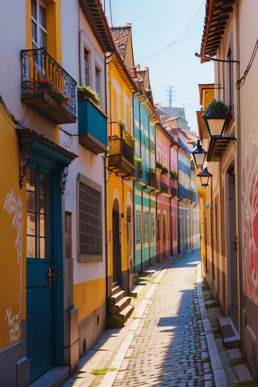 A close up of Porto city, Portugal, colorful grafitti, illustration