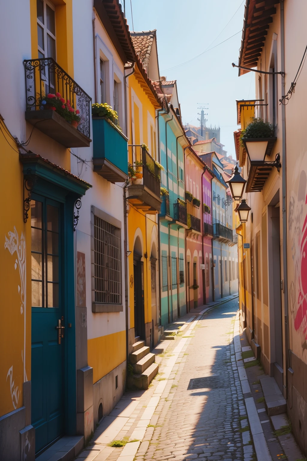 A close up of Porto city, Portugal, colorful grafitti, illustration
