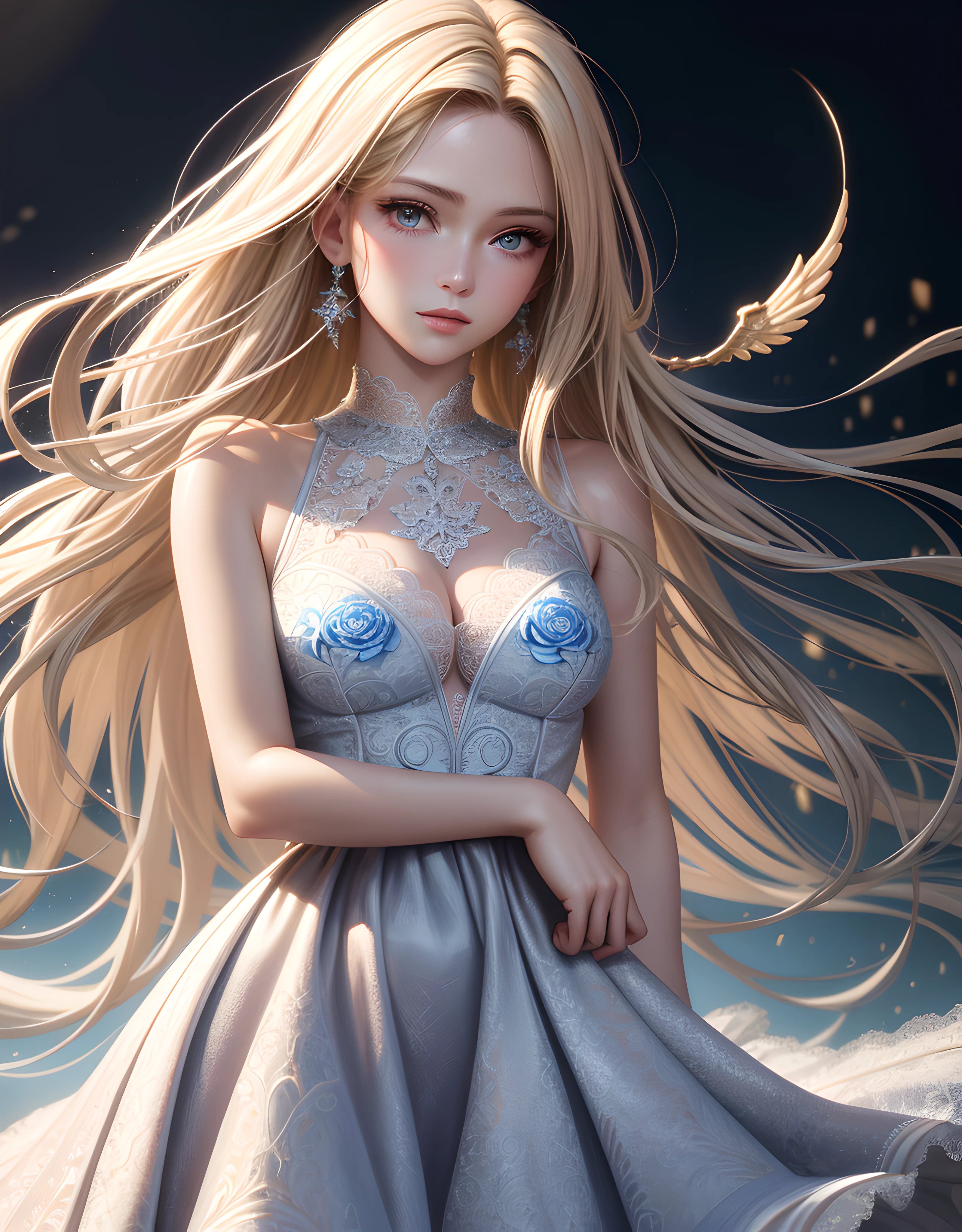 masterpiece, best quality, High quality texture, angel, a realistic representation of the face, semi-realistic, long voluminous detailed light blonde hair, blue eyes, light pretty floral bokeh, lace dress, volumetric lighting, runway fashion model