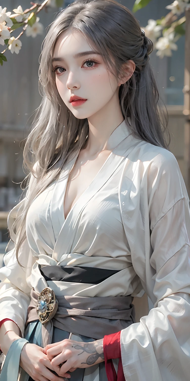 photorealistic, high resolution, soft light,1women, solo, hips up, look at viewer, (detailed face), long hair, silver hair, bright eyes, kunfu hanfu, cloak, tattoo, jewelry