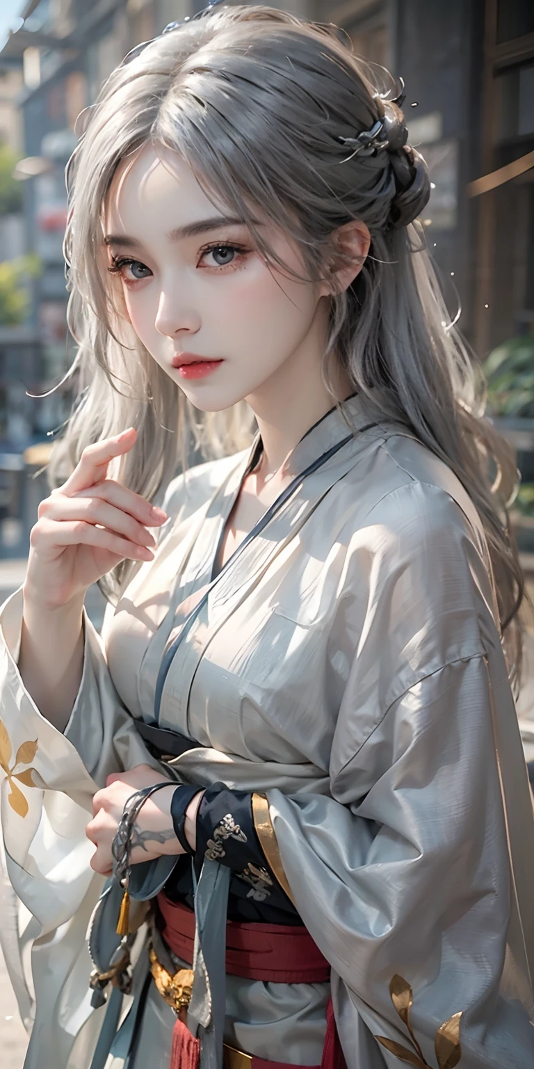 photorealistic, high resolution, soft light,1women, solo, hips up, look at viewer, (detailed face), long hair, silver hair, bright eyes, kunfu hanfu, cloak, tattoo, jewelry