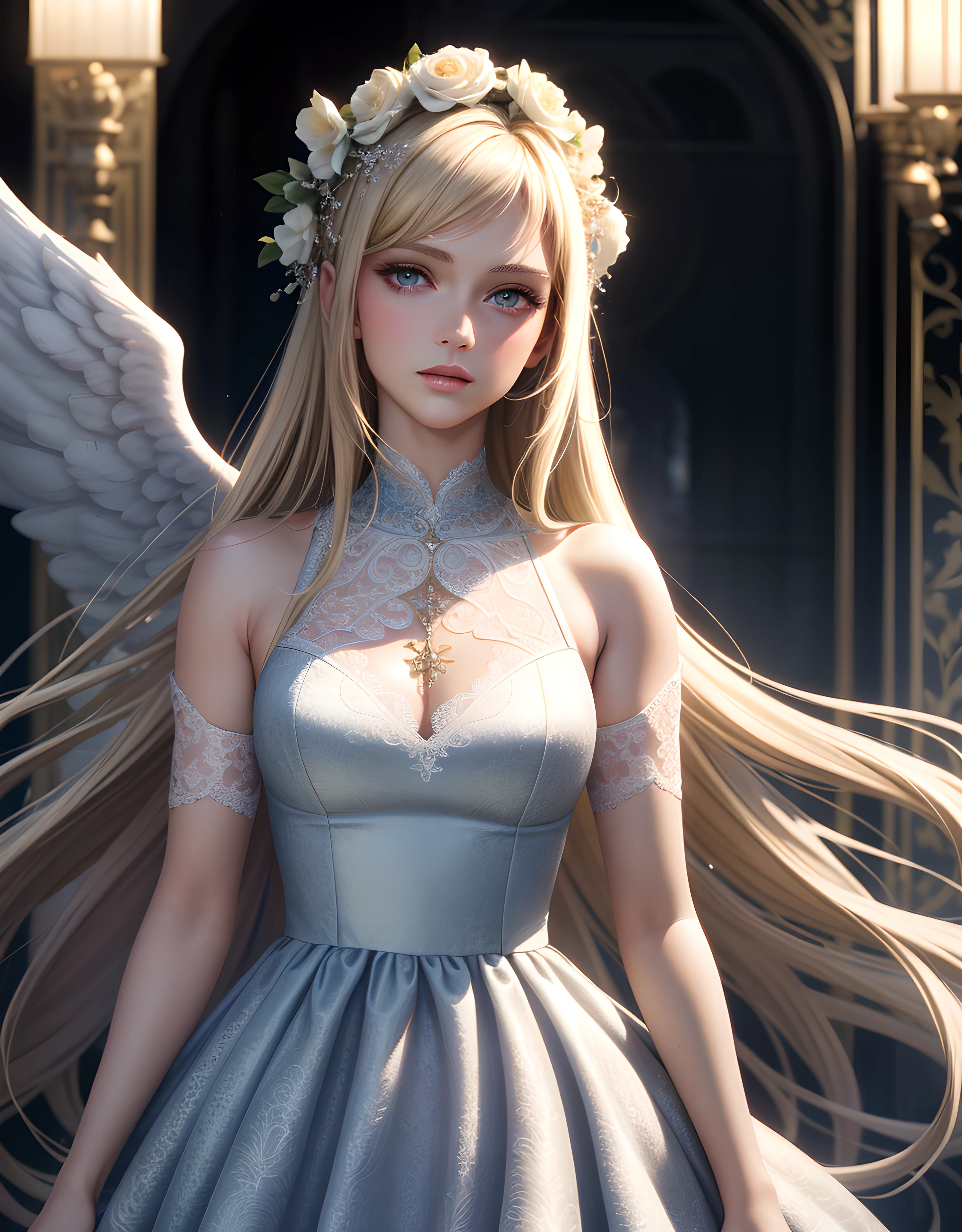 masterpiece, best quality, High quality texture, angel, a realistic representation of the face, semi-realistic, long voluminous detailed light blonde hair, blue eyes, light pretty floral bokeh, lace dress, volumetric lighting, runway fashion model