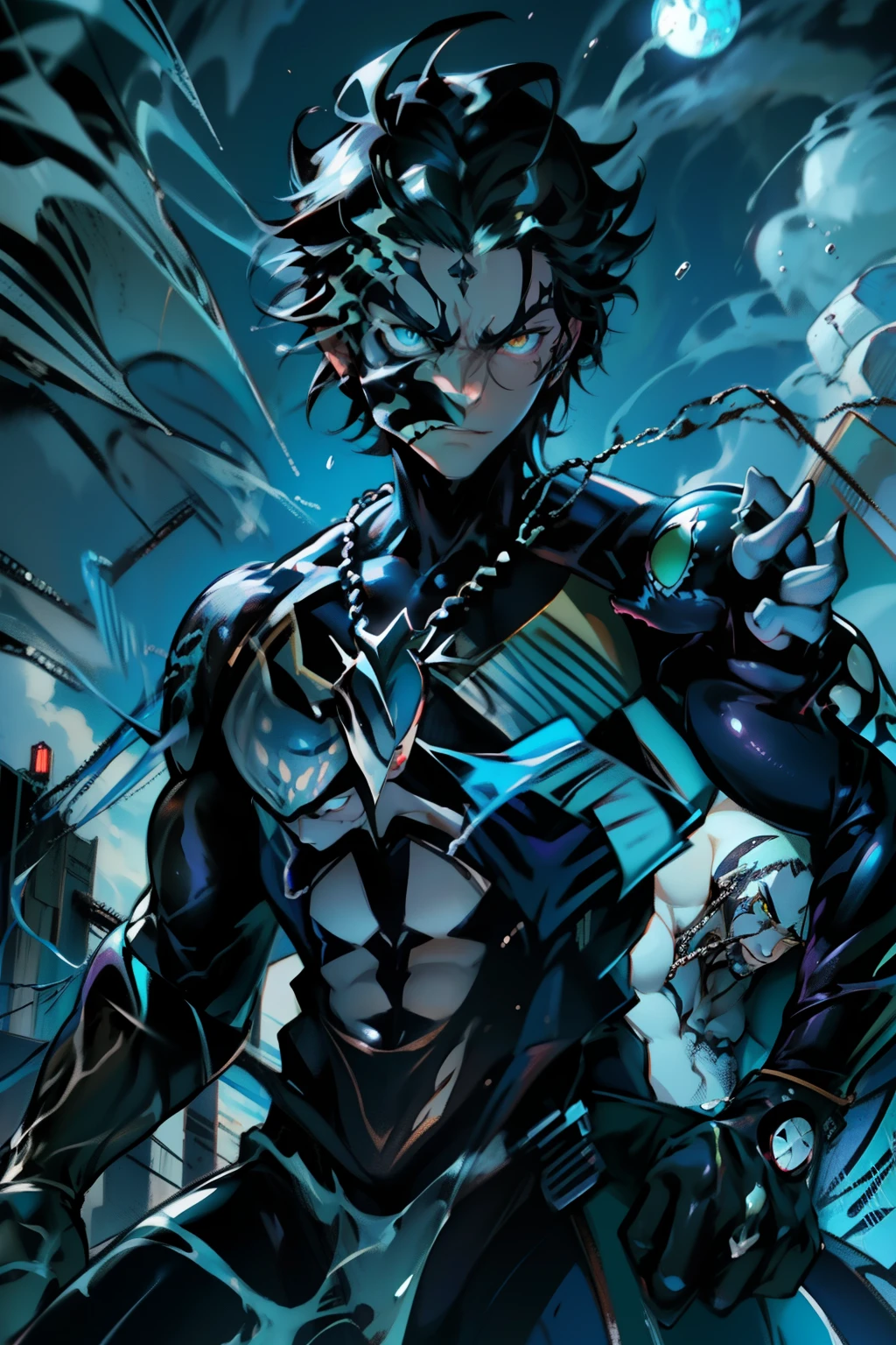《the original god》Arataki Kazuto , male people, chest muscle, Sexy , Venom symbiote for your body, Black mucus of the body , into venom, venomize,Black bodysuit,(Cloak),Red cape,Abs,(Adult male)((Venom possession,venom symbiote)),over-Tortoise Man,Battle damage,((Masterpiece)), ((Best quality)), Ultra detailed,((illustration)), Dynamic Angle, Detailed light, (Delicate eyes), Floating, 1boy, Male focus, Head, Clothing, Yellow eyes, necklace, tattoo, (Forehead:0.8), (ahoge:0.8), jewelry, brunette color hair,apathy,Ray, chest muscle, Sexy , Venom symbiote for your body, Black mucus of the body , (into venom), Venom,frontage,Bust photo,White tight-fitting top,spiderman outfit,style of anime4 K, 4K anime wallpaper, Badass anime 8 K, 4 k comic wallpaper, young anime man, Anime boys, Anime wallpapers 4 k, Anime wallpaper 4K, High quality anime art style, Anime moe art style, Anime art wallpaper 8 K, Anime art wallpaper 4 K, RGB lighting,