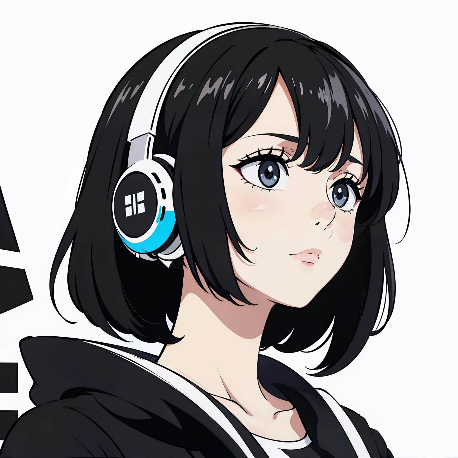 Nonchalant expression, black and white, disheveled fringe, medium messy hair, alluring look, black and white,Black and white painting,White background,Side Face,Over-ear headphones, large ear cups,relaxed browsEyes closed peacefully