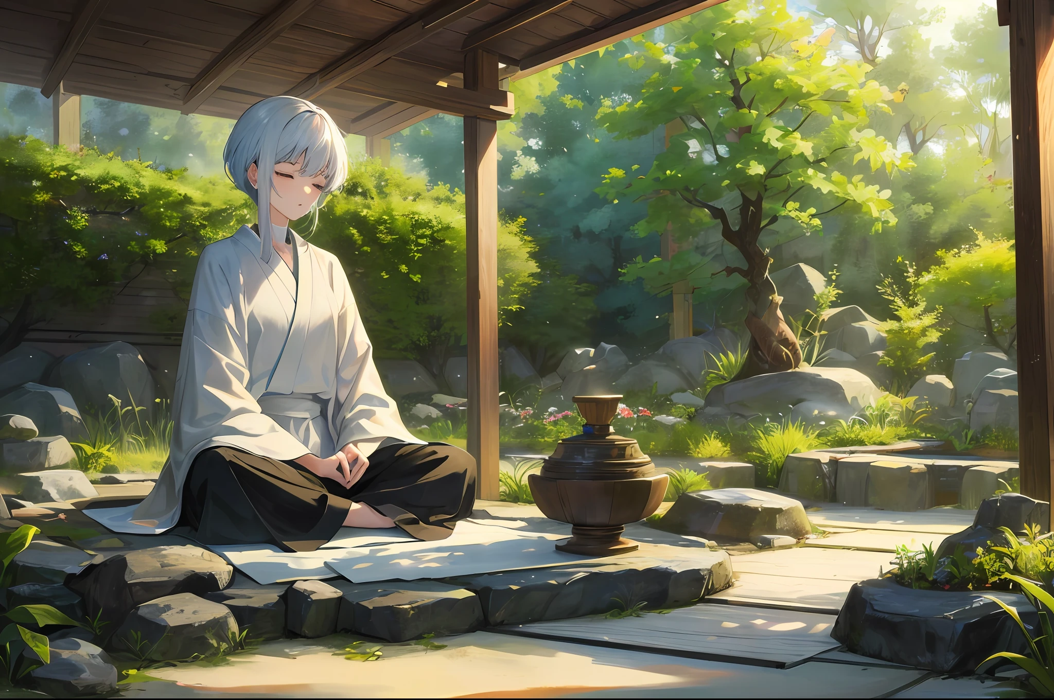 Silence and meditation in a Zen garden: A figure quietly sitting in a Zen garden、Depict as a scene that shows the harmony of nature with the meditation of the masterpiece。With high-quality fine details and a tranquil atmosphere、Expresses the spirit of Zen and the charm of the garden。
