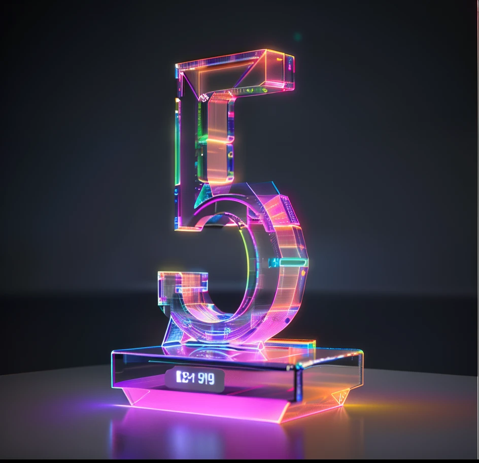 Close-up of the number 5 made of transparent plastic, depicted as a 3 d render, Holographic design, 3 d render even lit, Five-dimensional, 5, 5 e, cinema 4d colorful render, rendered in cinema 4 d, Rendered in Cinema4D, digital art - n 5, glowing neon lights, ue5 render