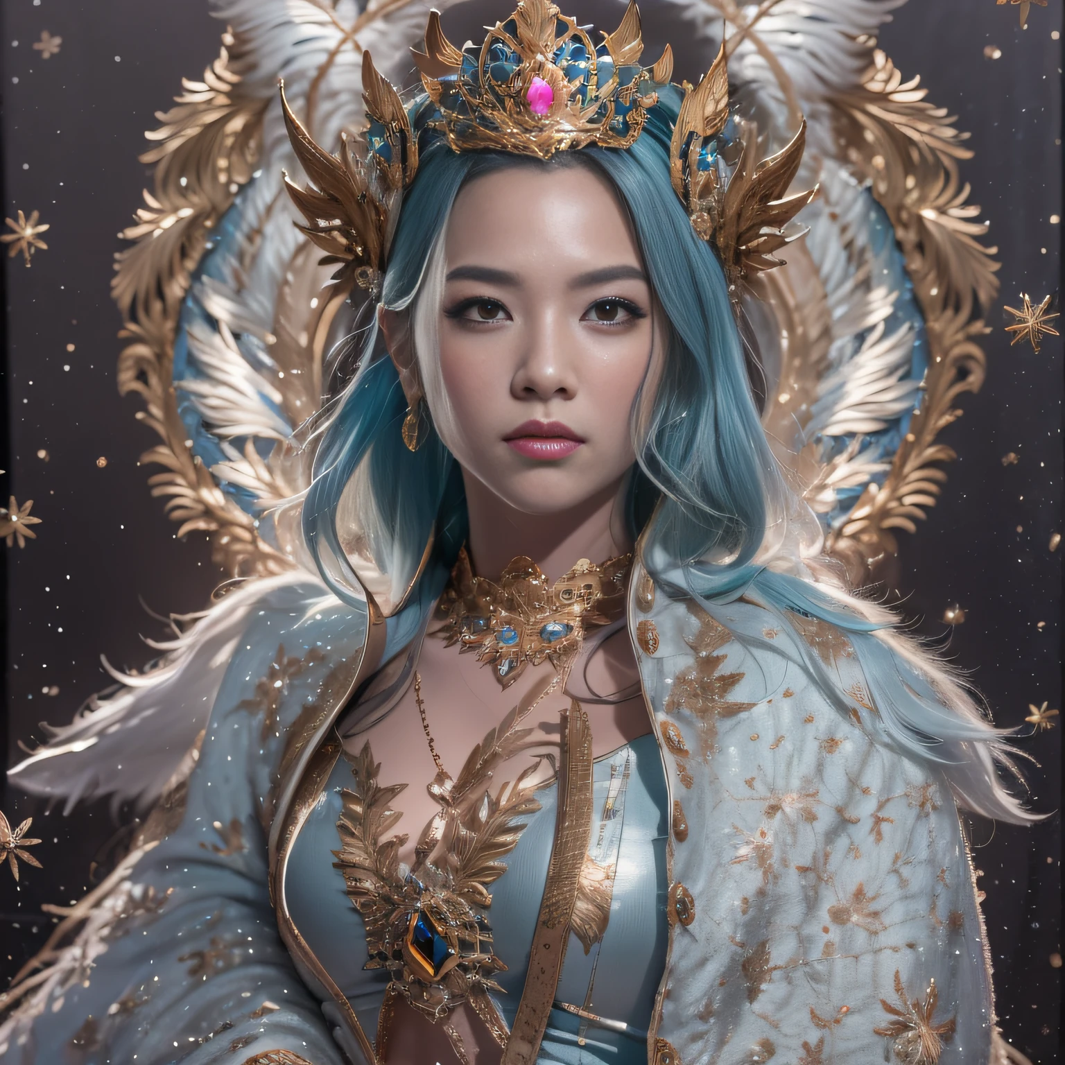 16k（tmasterpiece，k hd，hyper HD，16k）short detailed hair，Gold jewelry area in the back room，Female king size bed ，Silver Dragon Protector （realisticlying：1.4），Python pattern robe，Purple-pink tiara，Snowflakes fluttering，The background is pure，Hold your head high，Be proud，The nostrils look at people， A high resolution， the detail， RAW photogr， Sharp Re， Nikon D850 Film Stock Photo by Jefferies Lee 4 Kodak Portra 400 Camera F1.6 shots, Rich colors, ultra-realistic vivid textures, Dramatic lighting, Unreal Engine Art Station Trend, cinestir 800，Hold your head high，Be proud，The nostrils look at people
