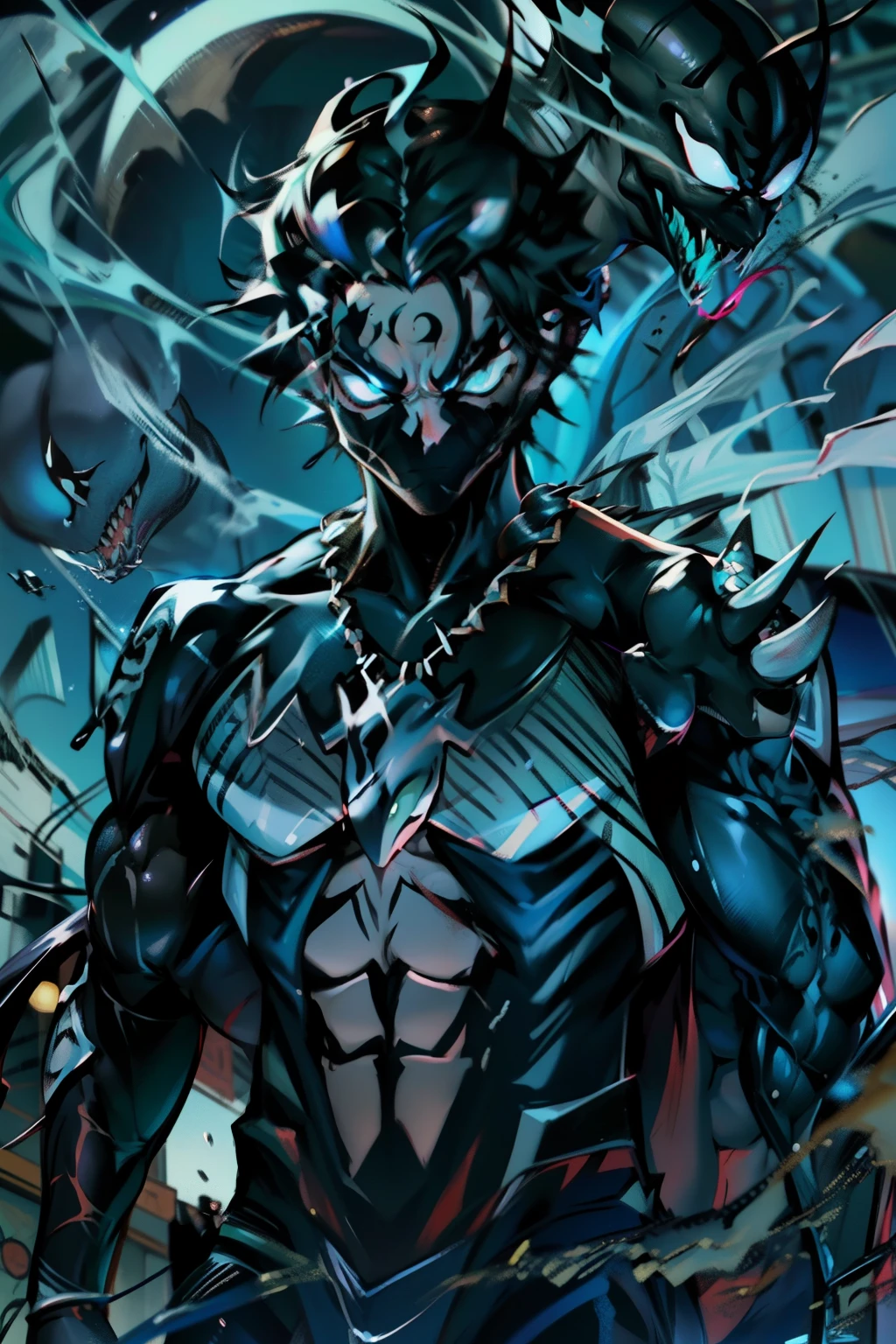 《the original god》Arataki Kazuto , male people, chest muscle, Sexy , Venom symbiote for your body, Black mucus of the body , into venom, venomize,Black bodysuit,(Cloak),Red cape,Abs,(Adult male)((Venom possession,venom symbiote)),over-Tortoise Man,Battle damage,((Masterpiece)), ((Best quality)), Ultra detailed,((illustration)), Dynamic Angle, Detailed light, (Delicate eyes), Floating, 1boy, Male focus, Head, Clothing, Yellow eyes, necklace, tattoo, (Forehead:0.8), (ahoge:0.8), jewelry, brunette color hair,apathy,Ray, chest muscle, Sexy , Venom symbiote for your body, Black mucus of the body , (into venom), Venom,frontage,Bust photo,White tight-fitting top,spiderman outfit,style of anime4 K, 4K anime wallpaper, Badass anime 8 K, 4 k comic wallpaper, young anime man, Anime boys, Anime wallpapers 4 k, Anime wallpaper 4K, High quality anime art style, Anime moe art style, Anime art wallpaper 8 K, Anime art wallpaper 4 K, RGB lighting,
