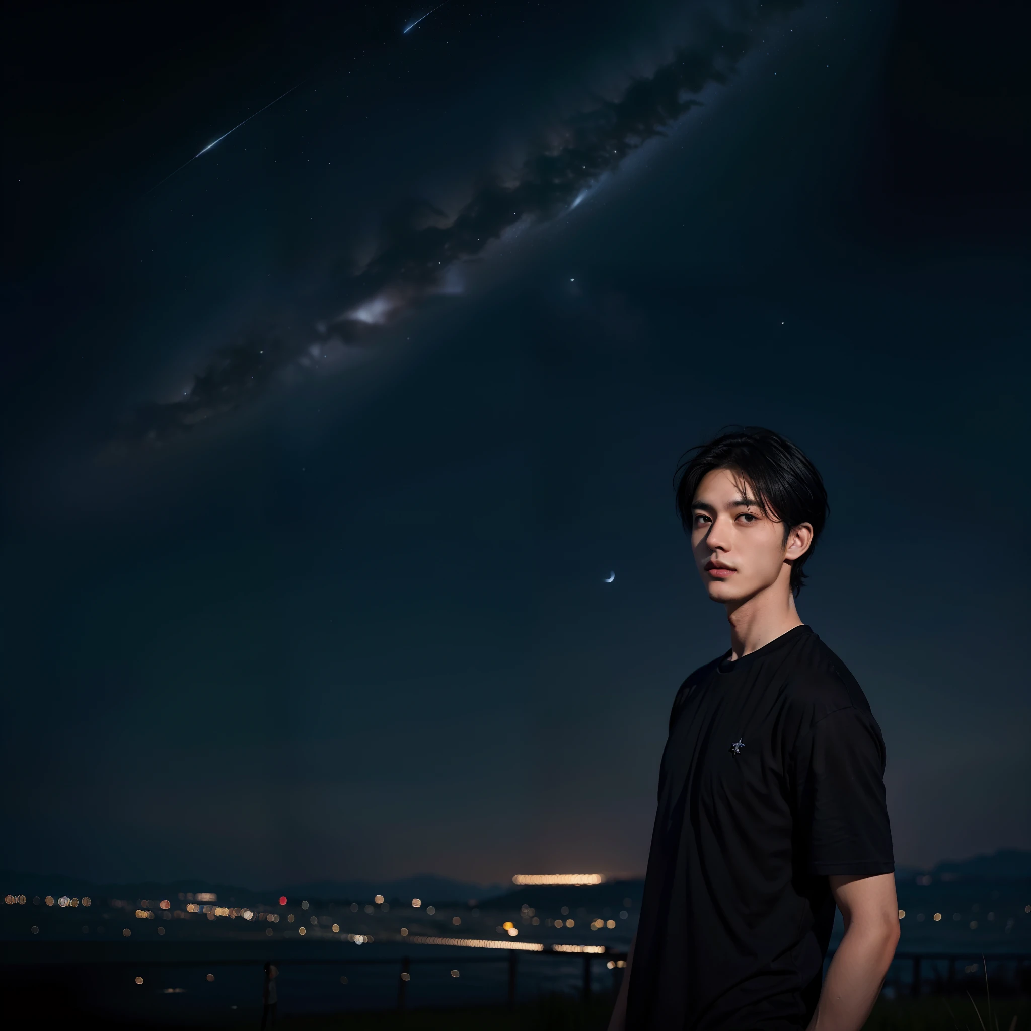 (Short black hair:1.2)、(Wear short sleeves:1.2)、(Good facial features:1.1)、(Young men:1.2),(dark night background:1.2)、(starrysky:1.1)、(The stars shine:1.2)。In this painting,A young man stands in the night。He has short black hair,Wear a simple short-sleeved shirt,Show youthful vitality。His facial features are very straightforward,It gives a feeling of being handsome and tall。The background is a dark night sky,Stars shine in the starry sky,It adds to the mystery and romance of the picture。The whole picture is full of mystery,One can't help but imagine the story of this young man