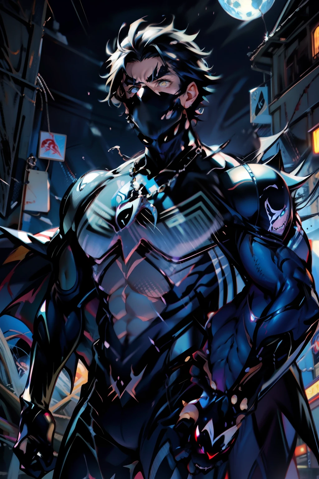 《the original god》Arataki Kazuto , male people， chest muscle， Sexy , Venom symbiote for your body, Black mucus of the body , into venom, venomize，Black bodysuit，（Cloak），Red cape，Abs，（Adult male）（（Venom possession，venom symbiote）），over-Tortoise Man，Battle damage，((Masterpiece)), ((Best quality)), Ultra detailed,((illustration)), Dynamic Angle, Detailed light, (Delicate eyes), Floating, 1boy, Male focus, Head, Clothing, Yellow eyes, necklace, tattoo, (Forehead:0.8), (ahoge:0.8), jewelry, brunette color hair,apathy，Ray， chest muscle， Sexy , Venom symbiote for your body, Black mucus of the body , （into venom）, Venom，frontage，Bust photo，White tight-fitting top，spiderman outfit，style of anime4 K， 4K anime wallpaper， Badass anime 8 K， 4 k comic wallpaper， young anime man， Anime boys， Anime wallpapers 4 k， Anime wallpaper 4K， High quality anime art style， Anime moe art style， Anime art wallpaper 8 K， Anime art wallpaper 4 K， RGB lighting，