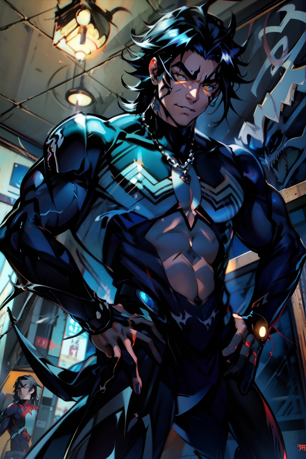 《the original god》Arataki Kazuto , male people， chest muscle， Sexy , Venom symbiote for your body, Black mucus of the body , into venom, venomize，Black bodysuit，（Cloak），Red cape，Abs，（Adult male）（（Venom possession，venom symbiote）），over-Tortoise Man，Battle damage，((Masterpiece)), ((Best quality)), Ultra detailed,((illustration)), Dynamic Angle, Detailed light, (Delicate eyes), Floating, 1boy, Male focus, Head, Clothing, Yellow eyes, necklace, tattoo, (Forehead:0.8), (ahoge:0.8), jewelry, brunette color hair,apathy，Ray， chest muscle， Sexy , Venom symbiote for your body, Black mucus of the body , （into venom）, Venom，frontage，Bust photo，White tight-fitting top，spiderman outfit，style of anime4 K， 4K anime wallpaper， Badass anime 8 K， 4 k comic wallpaper， young anime man， Anime boys， Anime wallpapers 4 k， Anime wallpaper 4K， High quality anime art style， Anime moe art style， Anime art wallpaper 8 K， Anime art wallpaper 4 K， RGB lighting，