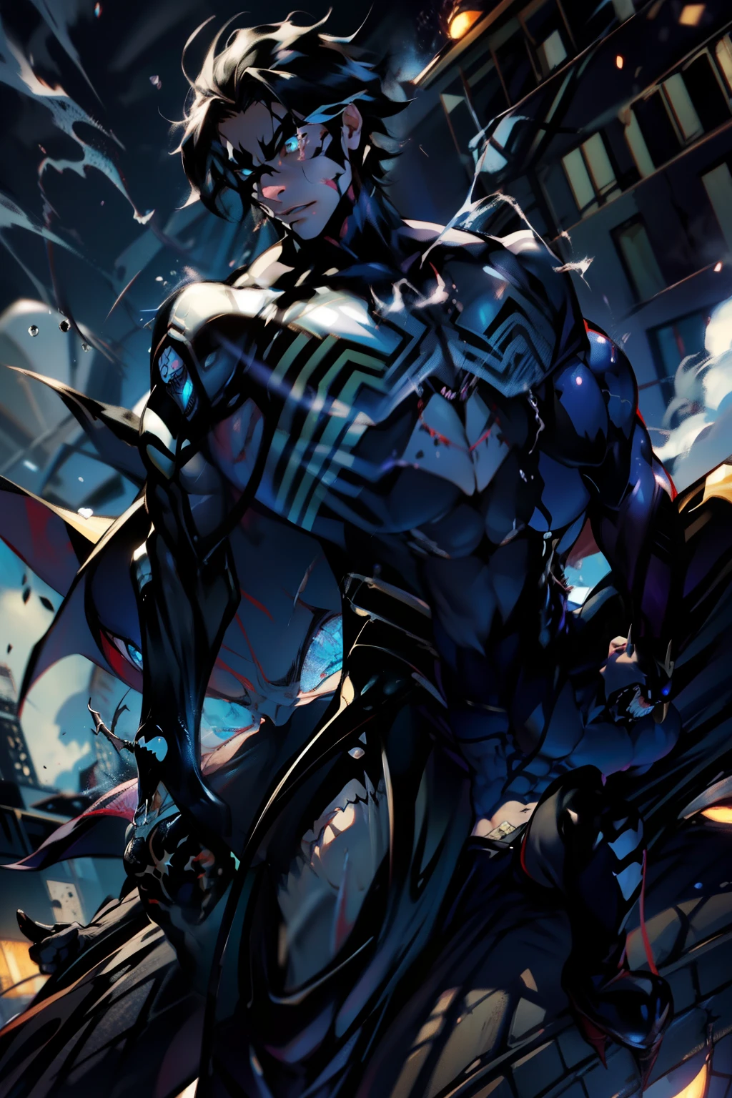 《the original god》Arataki Kazuto , male people, chest muscle, Sexy , Venom symbiote for your body, Black mucus of the body , into venom, venomize,Black bodysuit,(Cloak),Red cape,Abs,(Adult male)((Venom possession,venom symbiote)),over-Tortoise Man,Battle damage,((Masterpiece)), ((Best quality)), Ultra detailed,((illustration)), Dynamic Angle, Detailed light, (Delicate eyes), Floating, 1boy, Male focus, Head, Clothing, Yellow eyes, necklace, tattoo, (Forehead:0.8), (ahoge:0.8), jewelry, brunette color hair,apathy,Ray, chest muscle, Sexy , Venom symbiote for your body, Black mucus of the body , (into venom), Venom,frontage,Bust photo,White tight-fitting top,spiderman outfit,style of anime4 K, 4K anime wallpaper, Badass anime 8 K, 4 k comic wallpaper, young anime man, Anime boys, Anime wallpapers 4 k, Anime wallpaper 4K, High quality anime art style, Anime moe art style, Anime art wallpaper 8 K, Anime art wallpaper 4 K, RGB lighting,