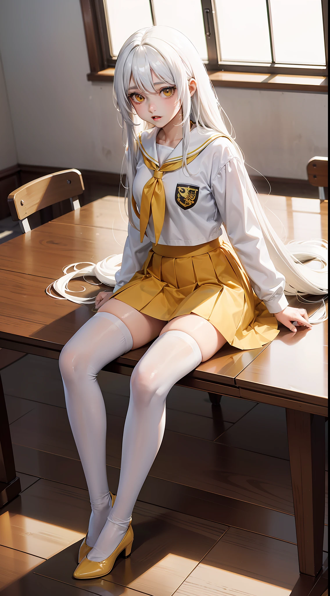 1 Anime Girl With Long White Hair Is Yellow Eye, Wearing a skirt is school clothes, corada, em uma sala de aula, sentada na mesa, de perna aberta, Mostrando Cueca Branca, is wearing white pantyhose, white hair is yellow eye, is released, Wearing a skirt is school clothes, corada, sentada na mesa, da sala de Aula, tem as pernas abertas, usando cueca branca, ((Corpo Perfeito Super Detalhado))