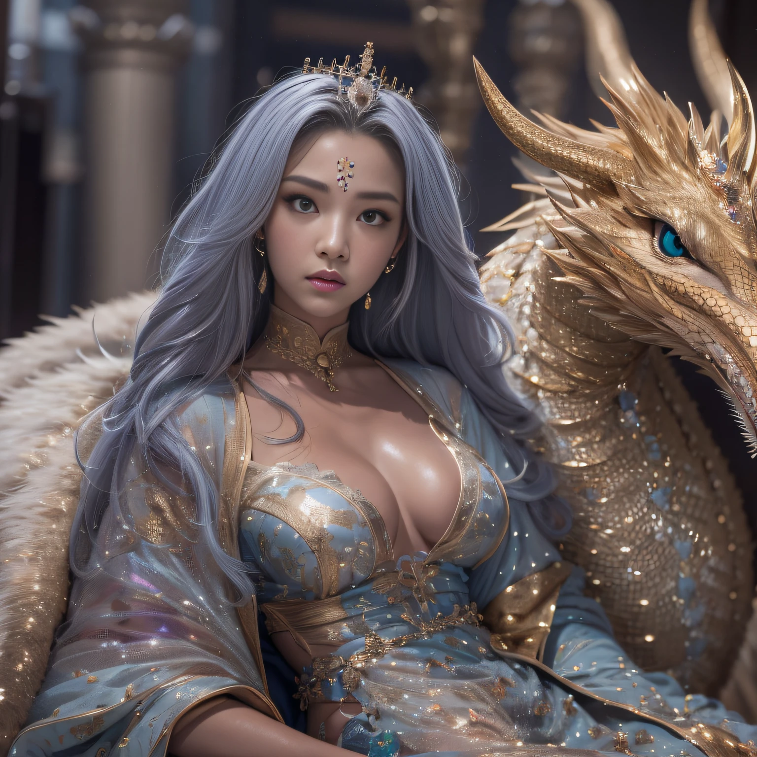 16k(tmasterpiece,k hd,hyper HD,16k)short detailed hair,Gold jewelry area in the back room,Women's Oversized Floor ,Silver Dragon Protector (realisticlying:1.4),Python pattern robe,Purple-pink tiara,Snowflakes fluttering,The background is pure,Hold your head high,Be proud,The nostrils look at people, A high resolution, the detail, RAW photogr, Sharp Re, Nikon D850 Film Stock Photo by Jefferies Lee 4 Kodak Portra 400 Camera F1.6 shots, Rich colors, ultra-realistic vivid textures, Dramatic lighting, Unreal Engine Art Station Trend, cinestir 800,Hold your head high,Be proud,The nostrils look at people