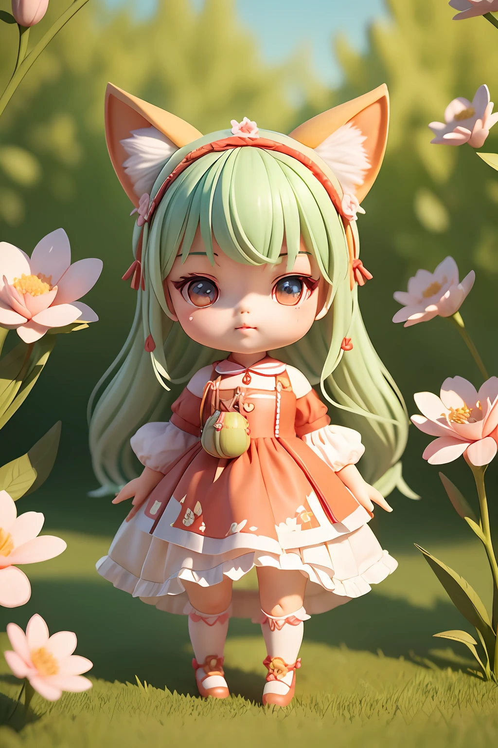 Cute girl in red dress,Step on the green lawn beneath your feet,Peach blossom branch in hand,Like a fairy,Extremely cute,With fox ears,full bodyesbian:2.1,Q printmaking style,Detailed rendering with 3D rendering techniques,Stylized representation of digital art。Render a cute 3D anime girl,Stylized presentation,A cute ceramic doll and a super detailed fantasy character appear at the same time,are rendered in stylized 3D renderings。Cute images of forest creatures and digital art will also appear,The background depicts the atmosphere of April