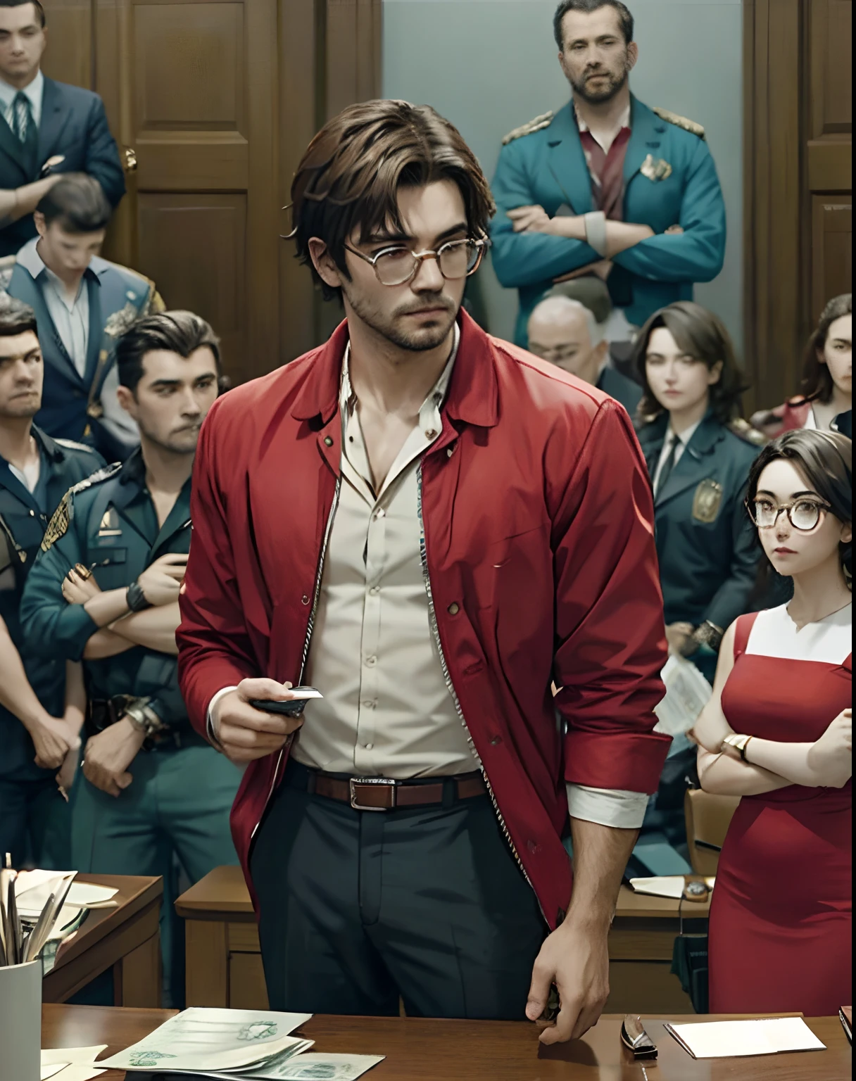 best quality, alvaro morte, a man with glasses and red long court, standing in front of a group of people in a courtroom, closeup, blurry background, type money heist