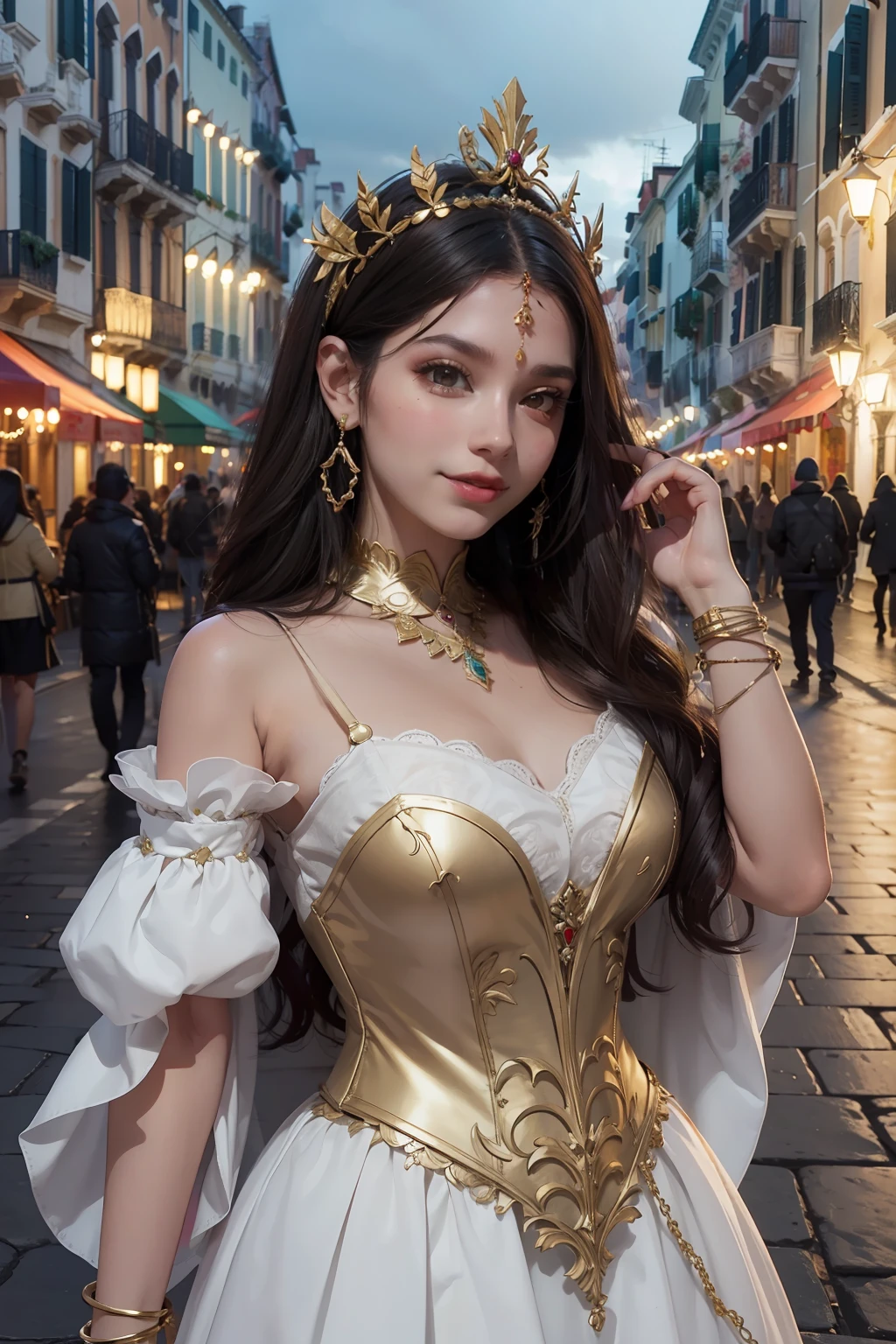 Mujer esbelta, cabello rubio largo, vestido de carnaval veneciano, calle de Venecia, calle de noche, farolas encendidas, carnival mask, hiperrealista, vestido largo, imagen de cuerpo entero, sonrisa insinuante, ojos alegres.