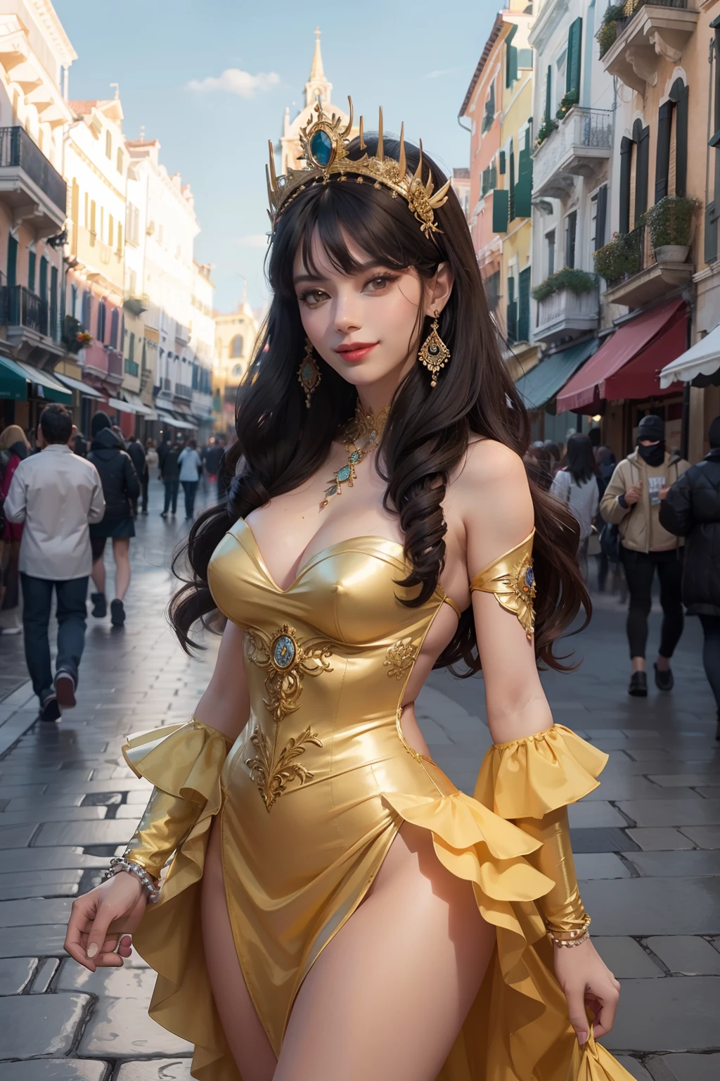 Mujer esbelta, cabello rubio largo, vestido de carnaval veneciano, calle de Venecia, calle de noche, farolas encendidas, carnival mask, hiperrealista, vestido largo, imagen de cuerpo entero, sonrisa insinuante, ojos alegres.