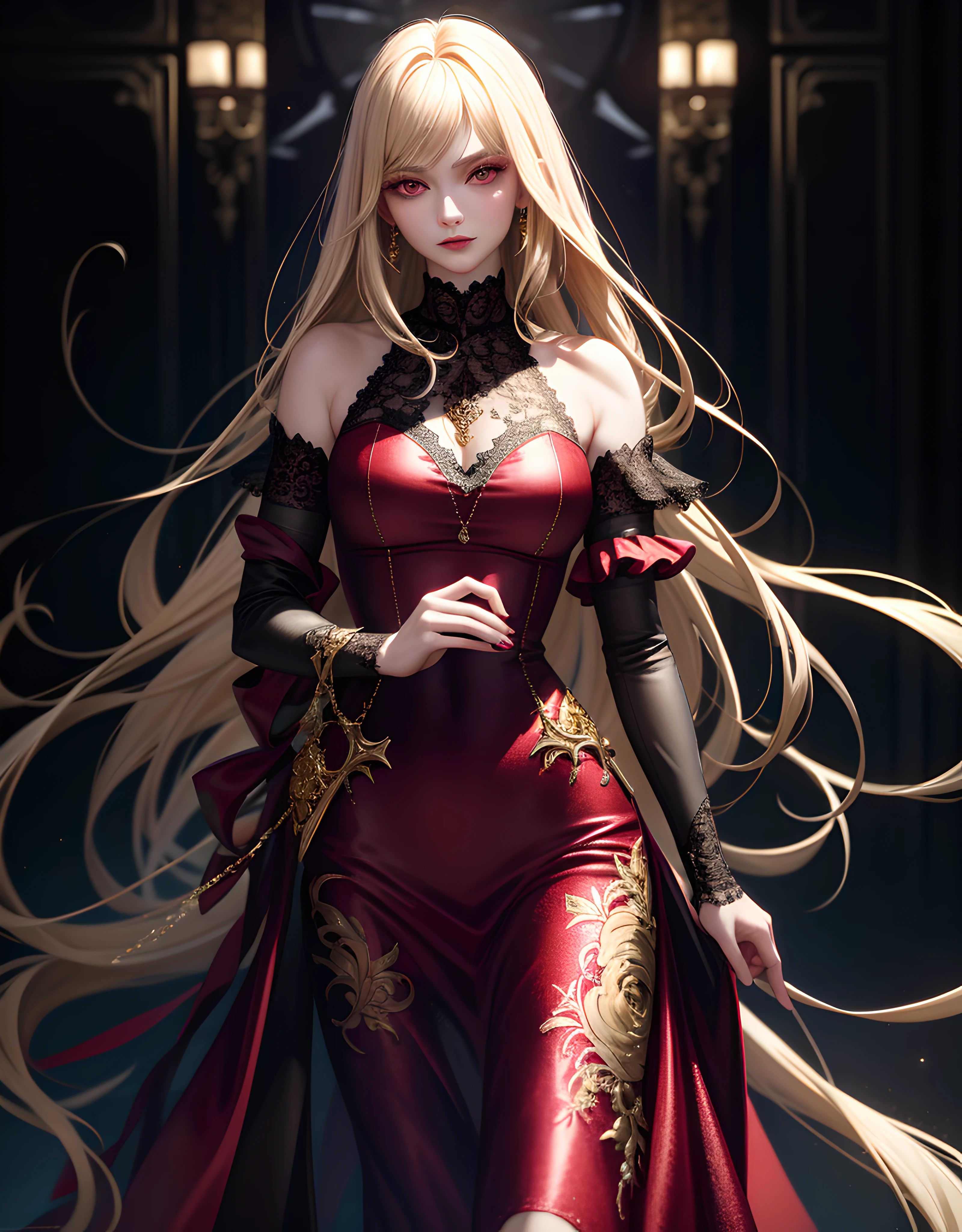 masterpiece, best quality, High quality texture, vampire, a realistic representation of the face, semi-realistic, long voluminous detailed gold hair, red eyes, light pretty floral bokeh, lace dress, volumetric lighting, runway fashion model