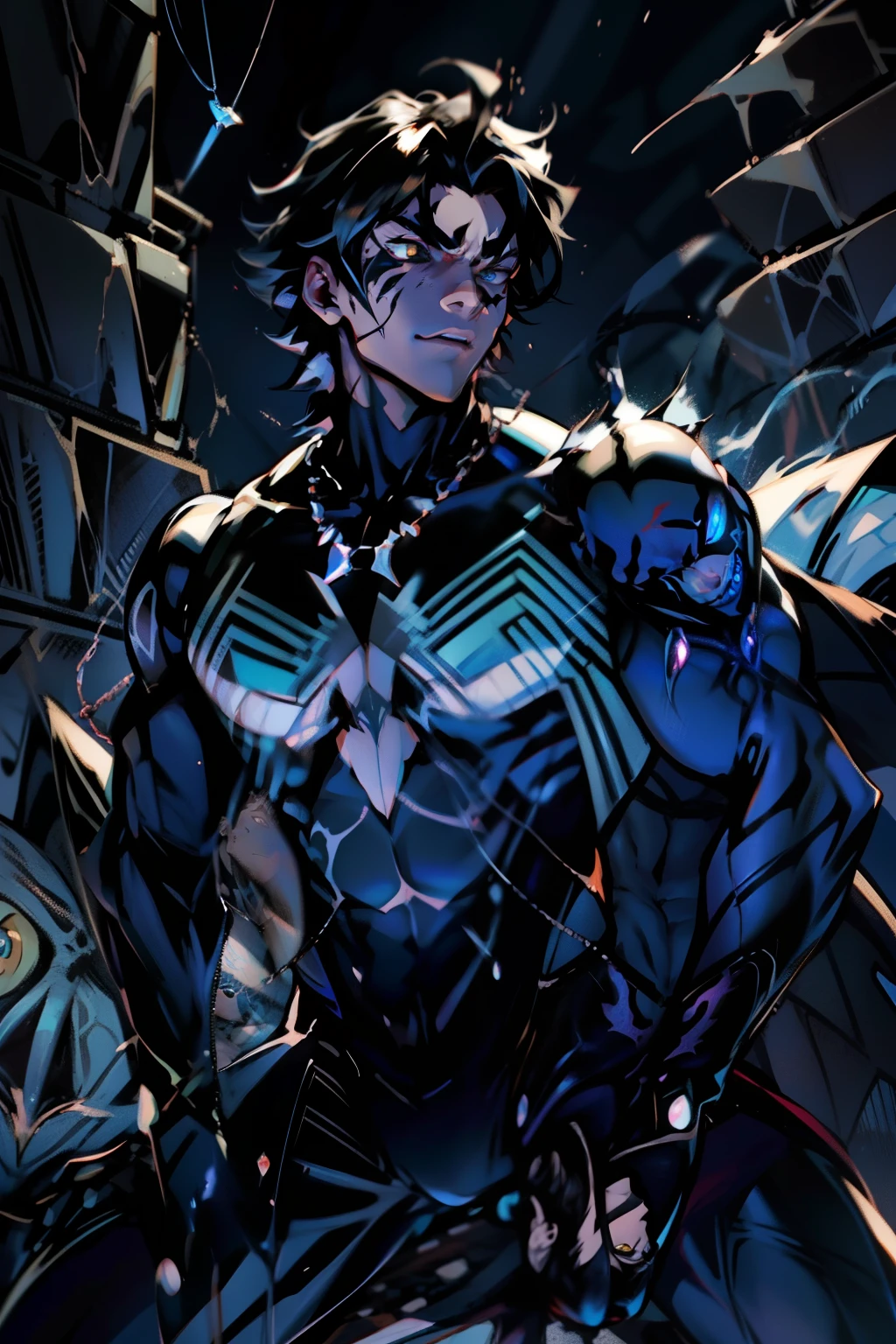 《the original god》Arataki Kazuto , male people, chest muscle, Sexy , Venom symbiote for your body, Black mucus of the body , into venom, venomize,Black bodysuit,(Cloak),Red cape,Abs,(Adult male)((Venom possession,venom symbiote)),over-Tortoise Man,Battle damage,((Masterpiece)), ((Best quality)), Ultra detailed,((illustration)), Dynamic Angle, Detailed light, (Delicate eyes), Floating, 1boy, Male focus, Head, Clothing, Yellow eyes, necklace, tattoo, (Forehead:0.8), (ahoge:0.8), jewelry, brunette color hair,apathy,Ray, chest muscle, Sexy , Venom symbiote for your body, Black mucus of the body , (into venom), Venom,frontage,Bust photo,White tight-fitting top,spiderman outfit,style of anime4 K, 4K anime wallpaper, Badass anime 8 K, 4 k comic wallpaper, young anime man, Anime boys, Anime wallpapers 4 k, Anime wallpaper 4K, High quality anime art style, Anime moe art style, Anime art wallpaper 8 K, Anime art wallpaper 4 K, RGB lighting,