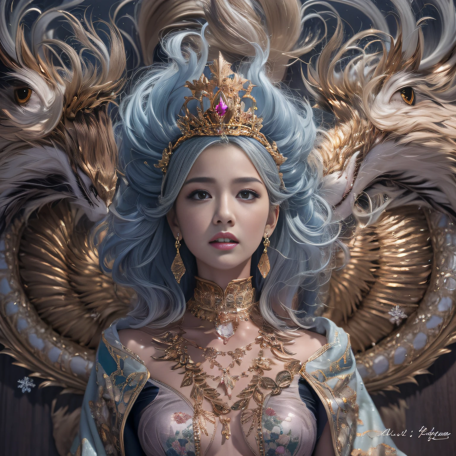 16k(tmasterpiece,k hd,hyper HD,16k)short detailed hair,Gold jewelry area in the back room,Female king size bed ,Silver Dragon Protector (realisticlying:1.4),Python pattern robe,Purple-pink tiara,Snowflakes fluttering,The background is pure,Hold your head high,Be proud,The nostrils look at people, A high resolution, the detail, RAW photogr, Sharp Re, Nikon D850 Film Stock Photo by Jefferies Lee 4 Kodak Portra 400 Camera F1.6 shots, Rich colors, ultra-realistic vivid textures, Dramatic lighting, Unreal Engine Art Station Trend, cinestir 800,Hold your head high,Be proud,The nostrils look at people