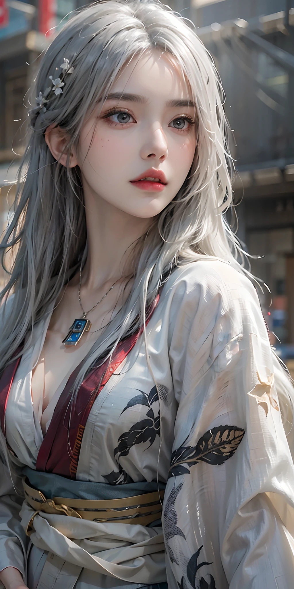 photorealistic, high resolution, soft light,1women, solo, hips up, look at viewer, (detailed face), long hair, silver hair, bright eyes, kunfu hanfu, cloak, tattoo, jewelry