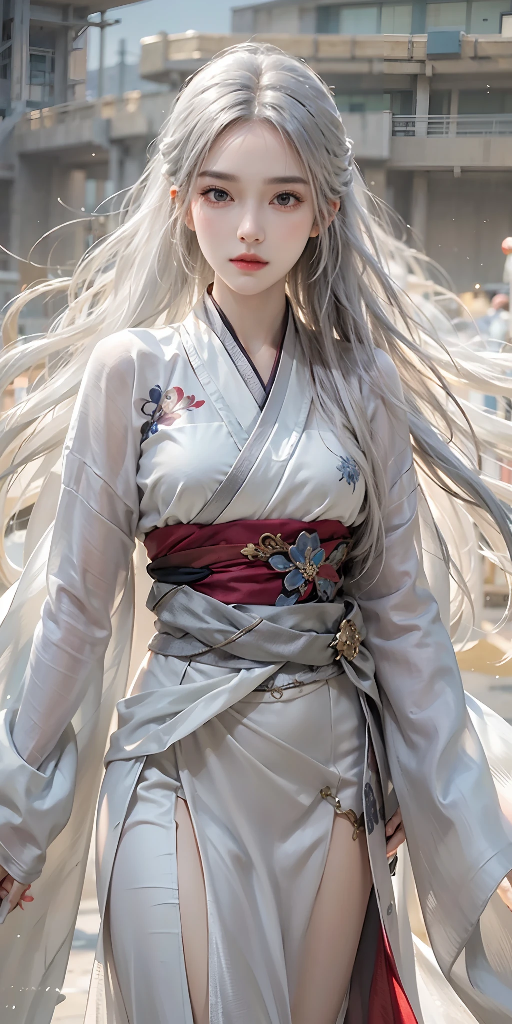 photorealistic, high resolution, soft light,1women, solo, hips up, look at viewer, (detailed face), long hair, silver hair, bright eyes, kunfu hanfu, cloak, tattoo, jewelry