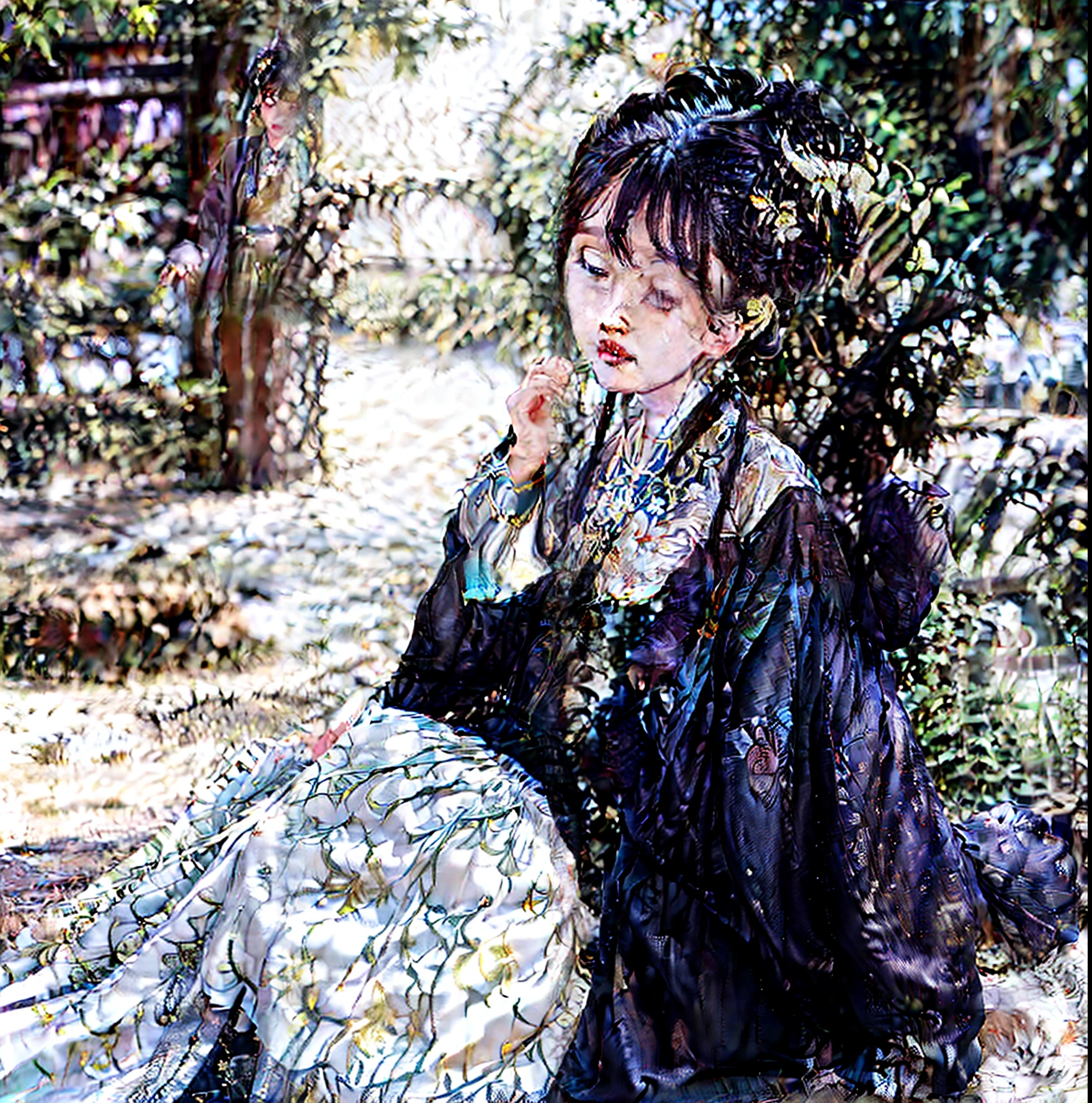 Woman in black shirt holding a fan and plants in a pot, With his eyes closed, inspired by Ma Yuanyu, sun yunjoo, inspired by Chen Daofu, Inspired by Huang Ji, xintong chen, Inspired by Tang Yifen, lee ji eun, Lee Ji-eun, inspired by Fan Qi, Choi Hyun-hwa, Korean woman, inspired by Ye Xin