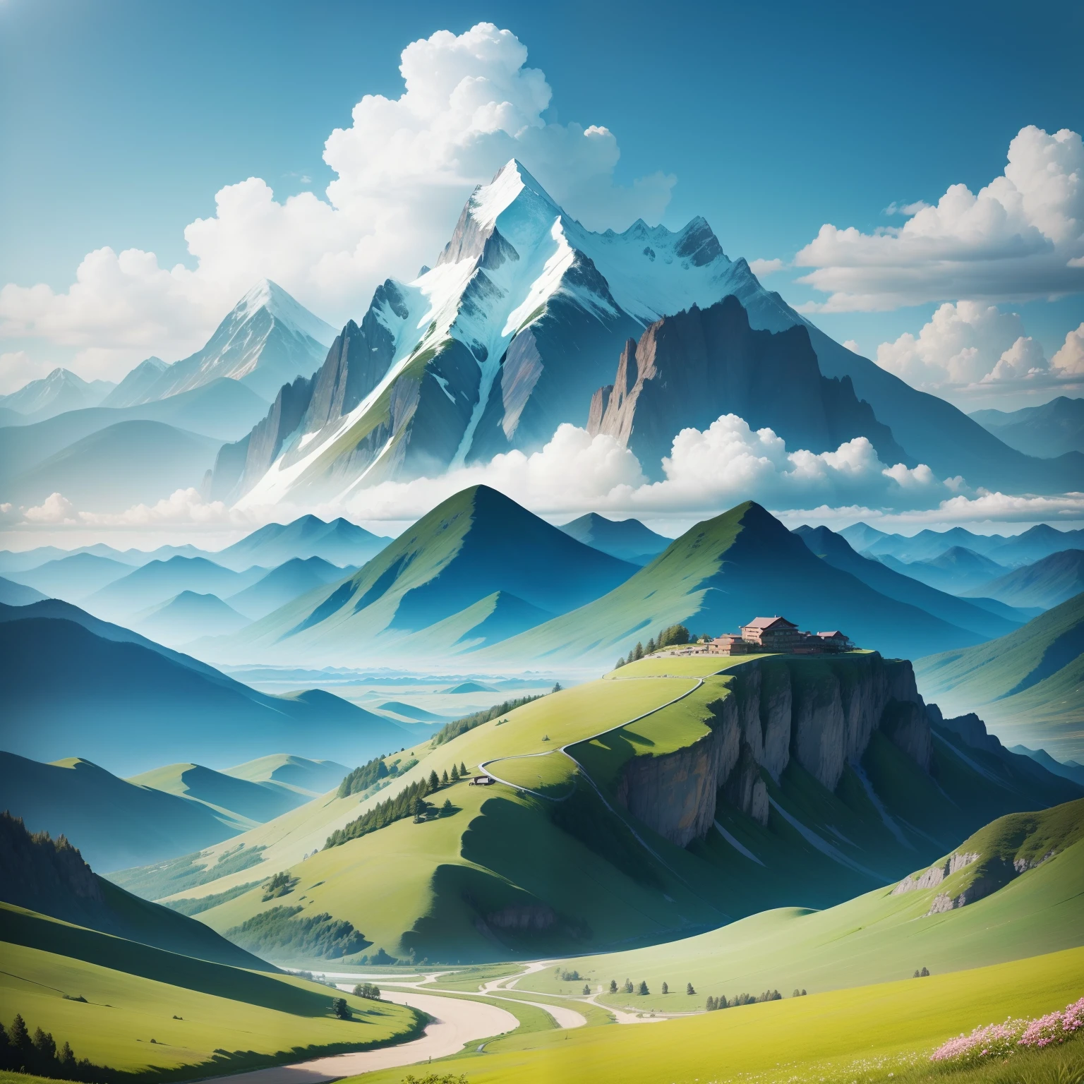 Beautiful natural scenery、a blue sky and clouds、Green steppe、Mountains in the distance々、Realistic enough to be confused with a real landscape photo、Feel like you're in nature、