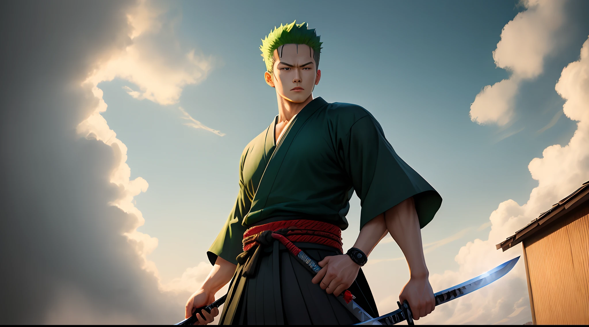 Roronoa Zoro (Masterpiece, 4k resolution, ultra-realistic, very detailed), (Theme of white samurai, charismatic, there is a swordsman next to a Japanese "isakaya" bar, wearing a blue kimono with cloud details on the "obi" track, he is commander of the first division of the leader of the mugiwara band, work "One Piece"), [ ((19 years), (short green hair:1.2),  full body, (blue eyes:1.2), ((Roronoa Zoro's pose), show of strength, unsheathing with one hand his katanas enma), ((Japanese rural environment):0.8)| (rural landscape, at dusk, dynamic lights), (blinded sun)), 1 katana]. # Explanation: Prompt mainly describes a 4k painting of ultra-high definition, very realistic, very detailed. It shows a swordsman, master of the Santoryu style of katanas, wearing a blue kimono with cloud details at the waist band. The subject in the painting is a subject of a white swordsman, holding with one hand his black katana enma, the male protagonist has short green hair, is 19 years old and his entire defined body is shown in the painting, with characteristics of pumped endomorph.